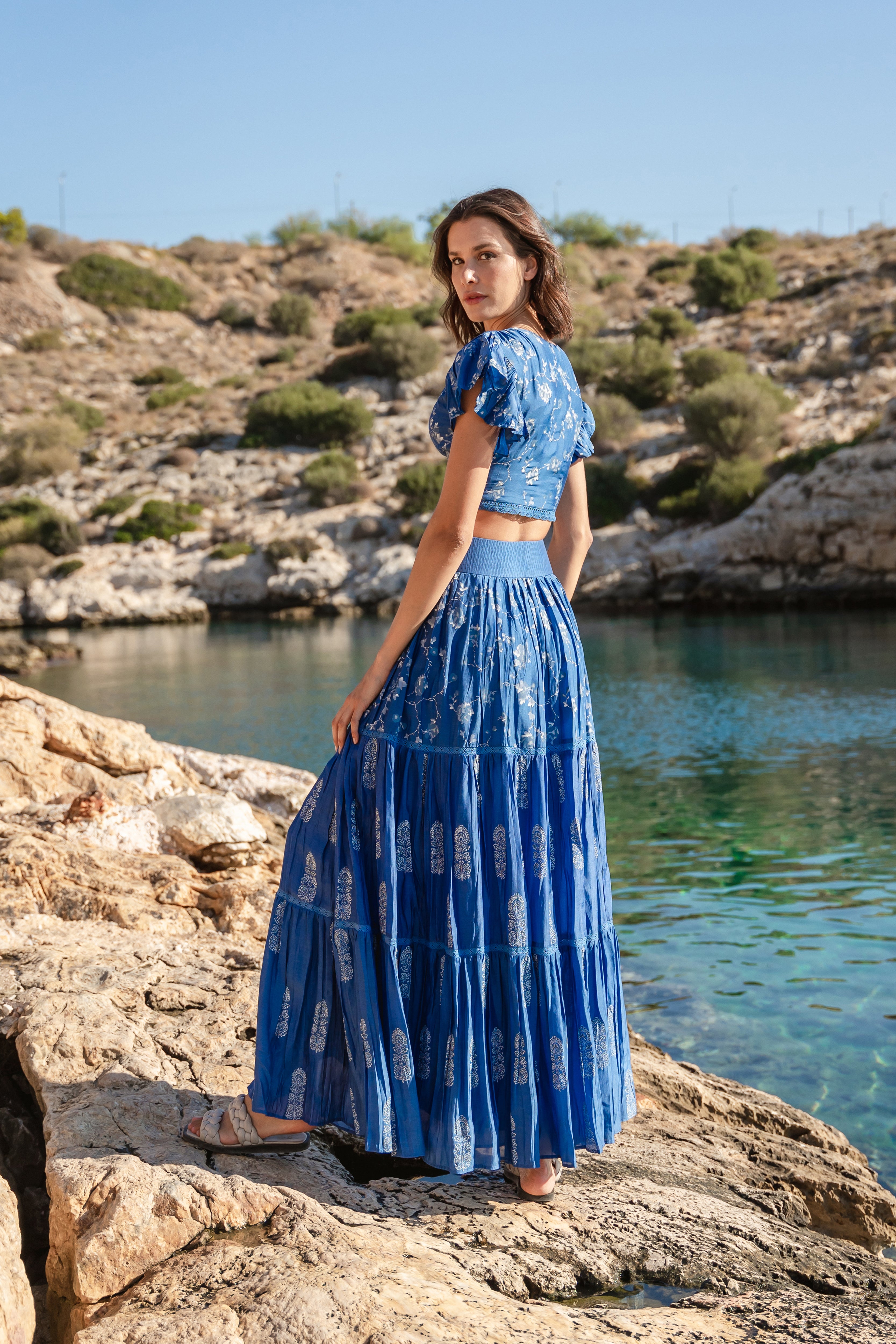Blue cracker printed crop top and skirt