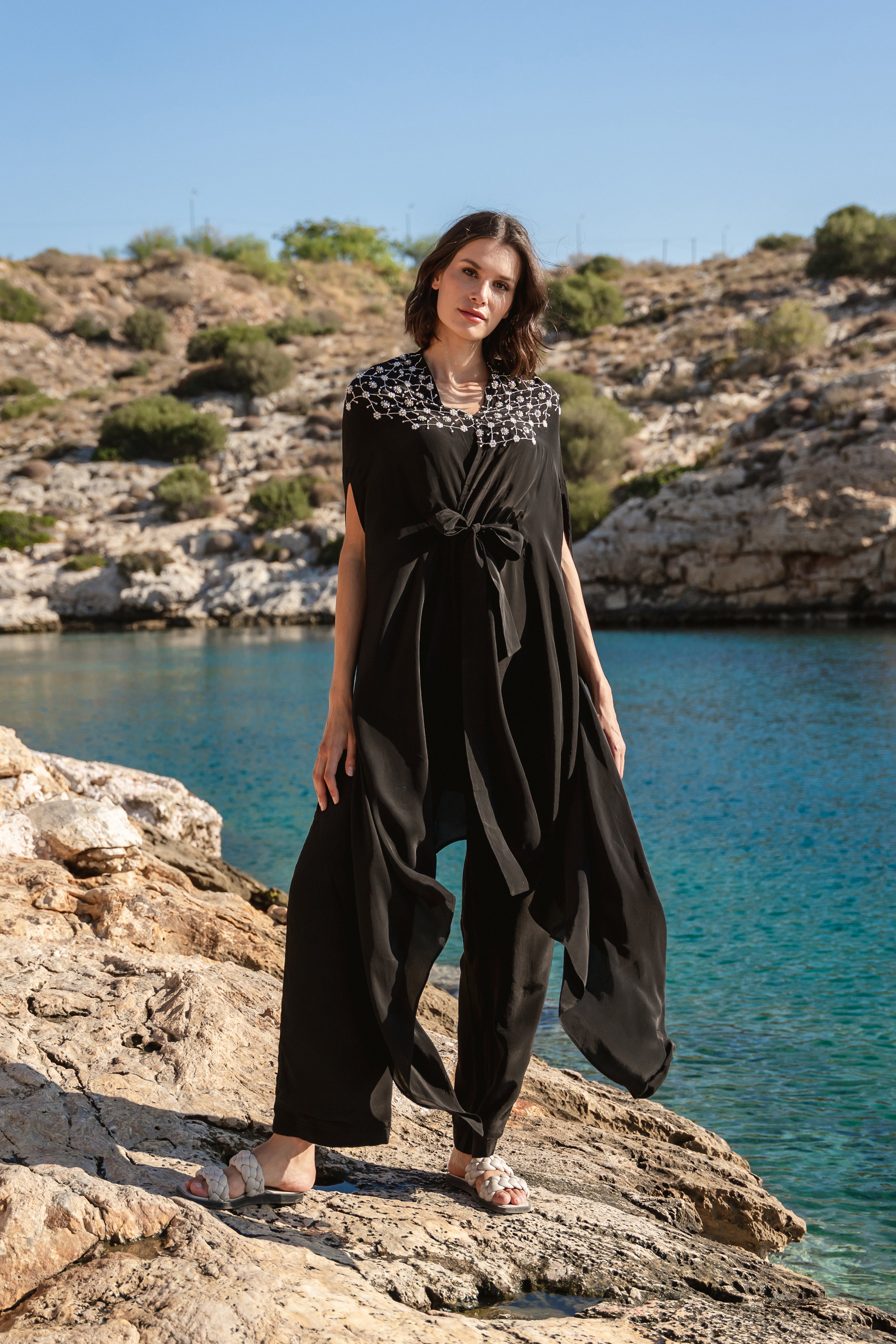Black crepe emb cape set