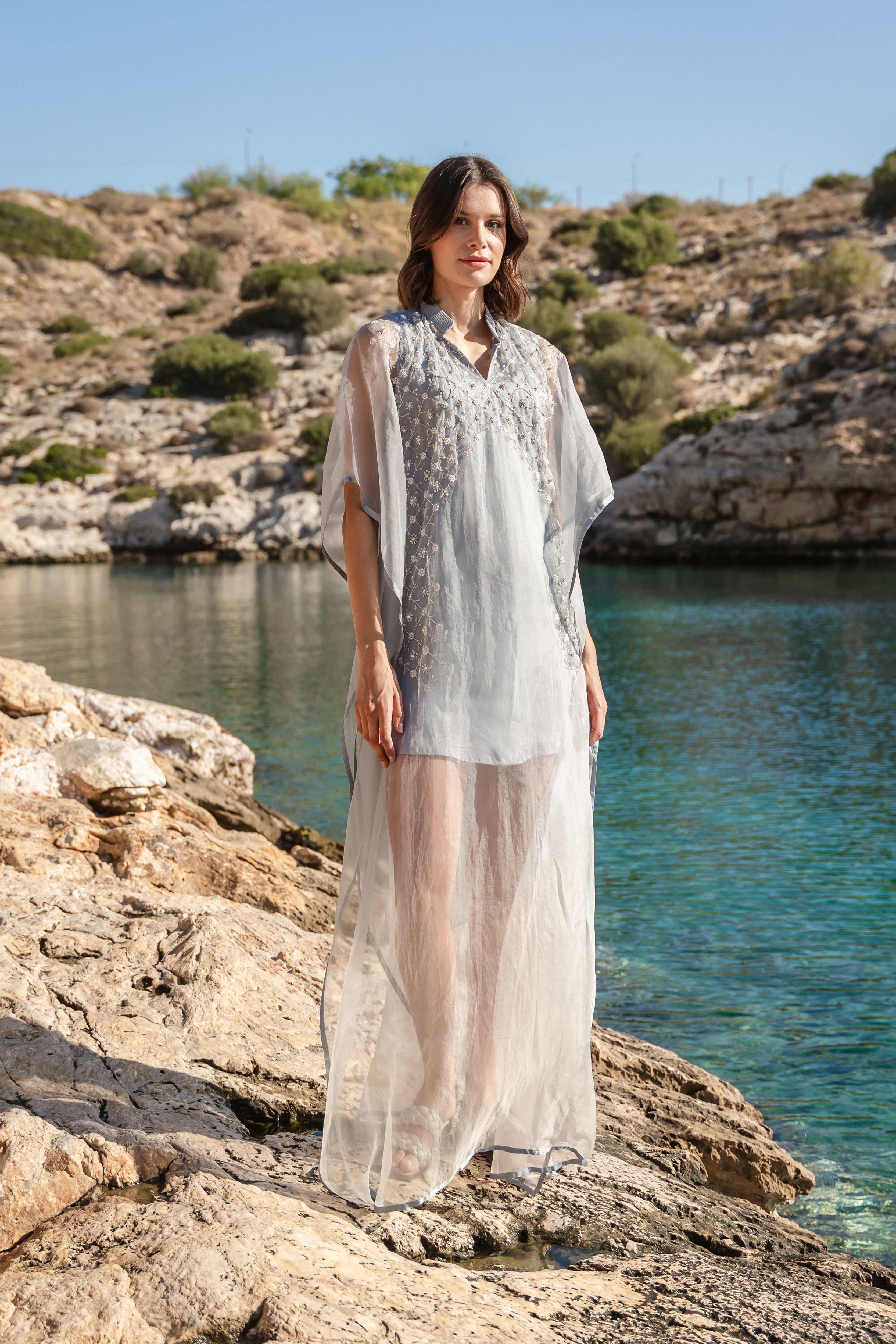 Blue ombre dyed emb kaftan