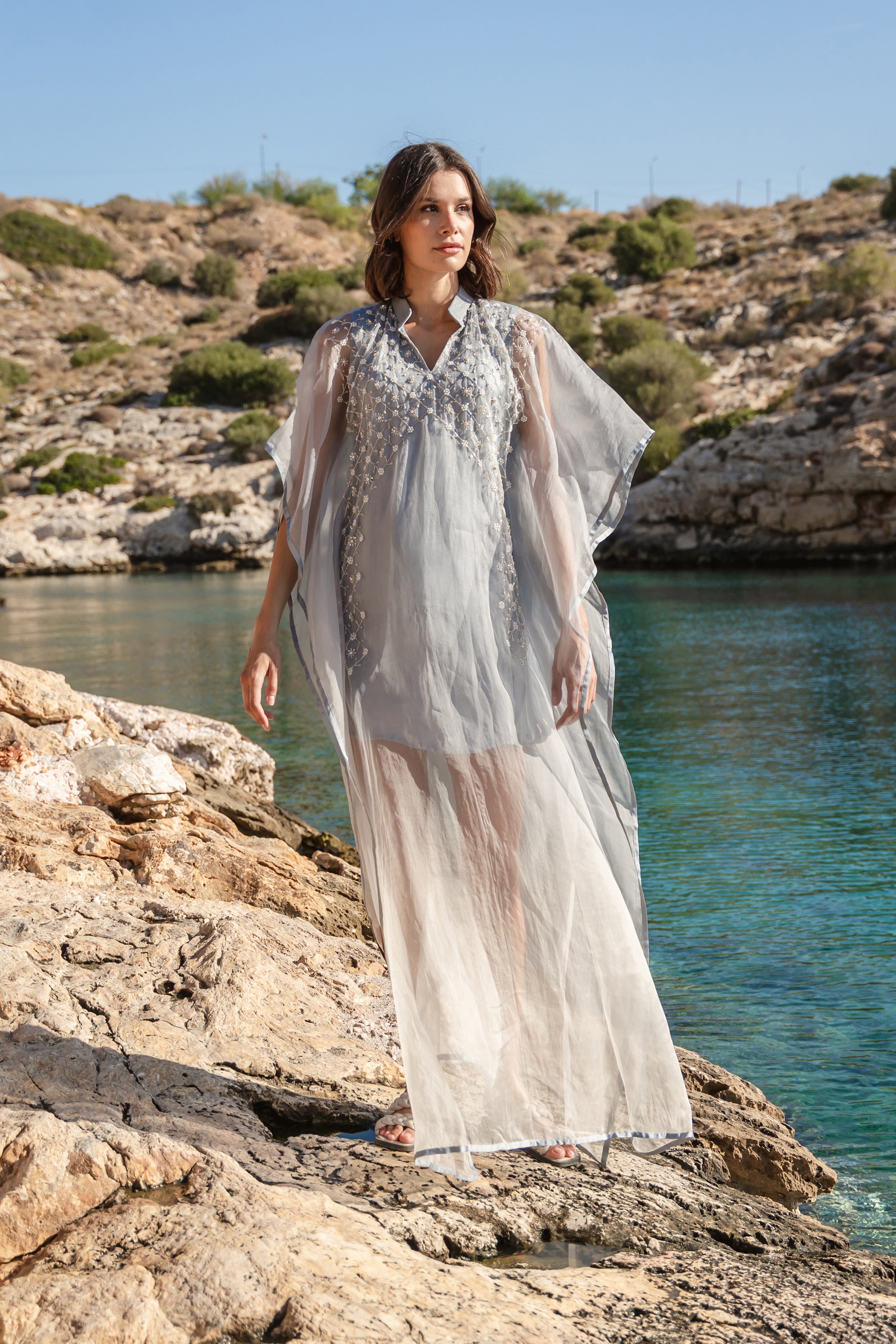Blue ombre dyed emb kaftan