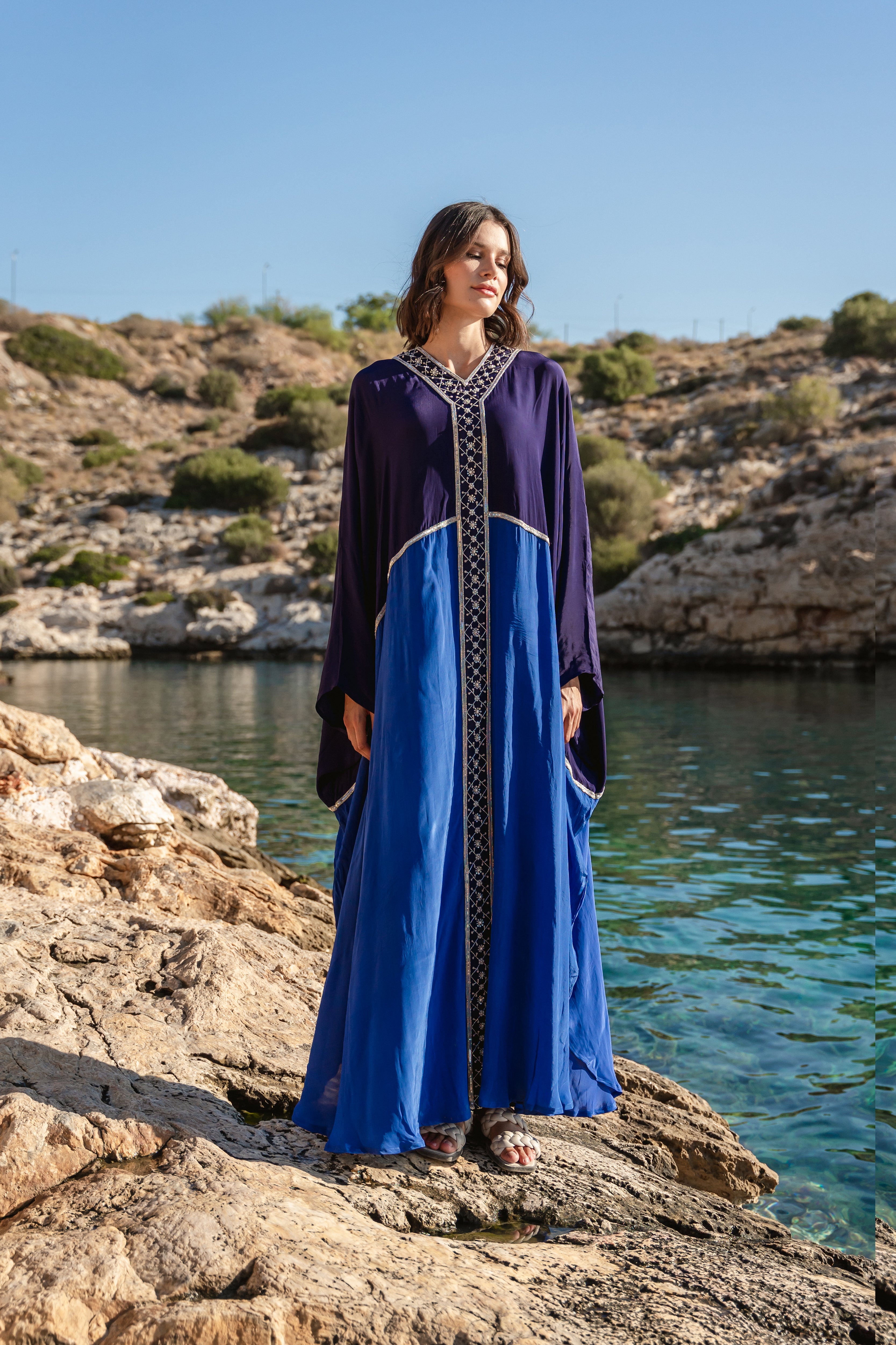 Blue embroidered colour blocked kaftan
