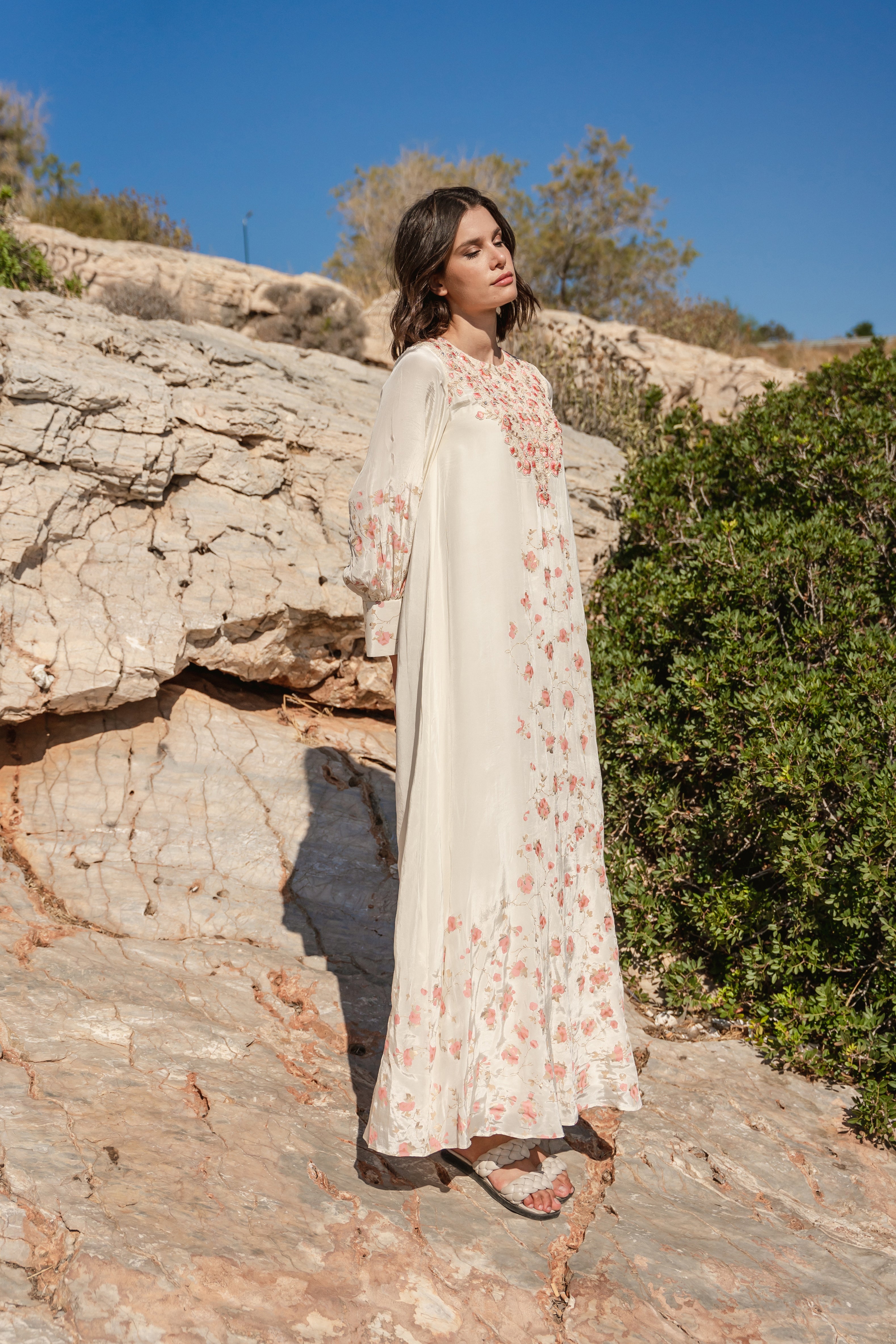 Beige crepe printed and cracker embroidered kaftan