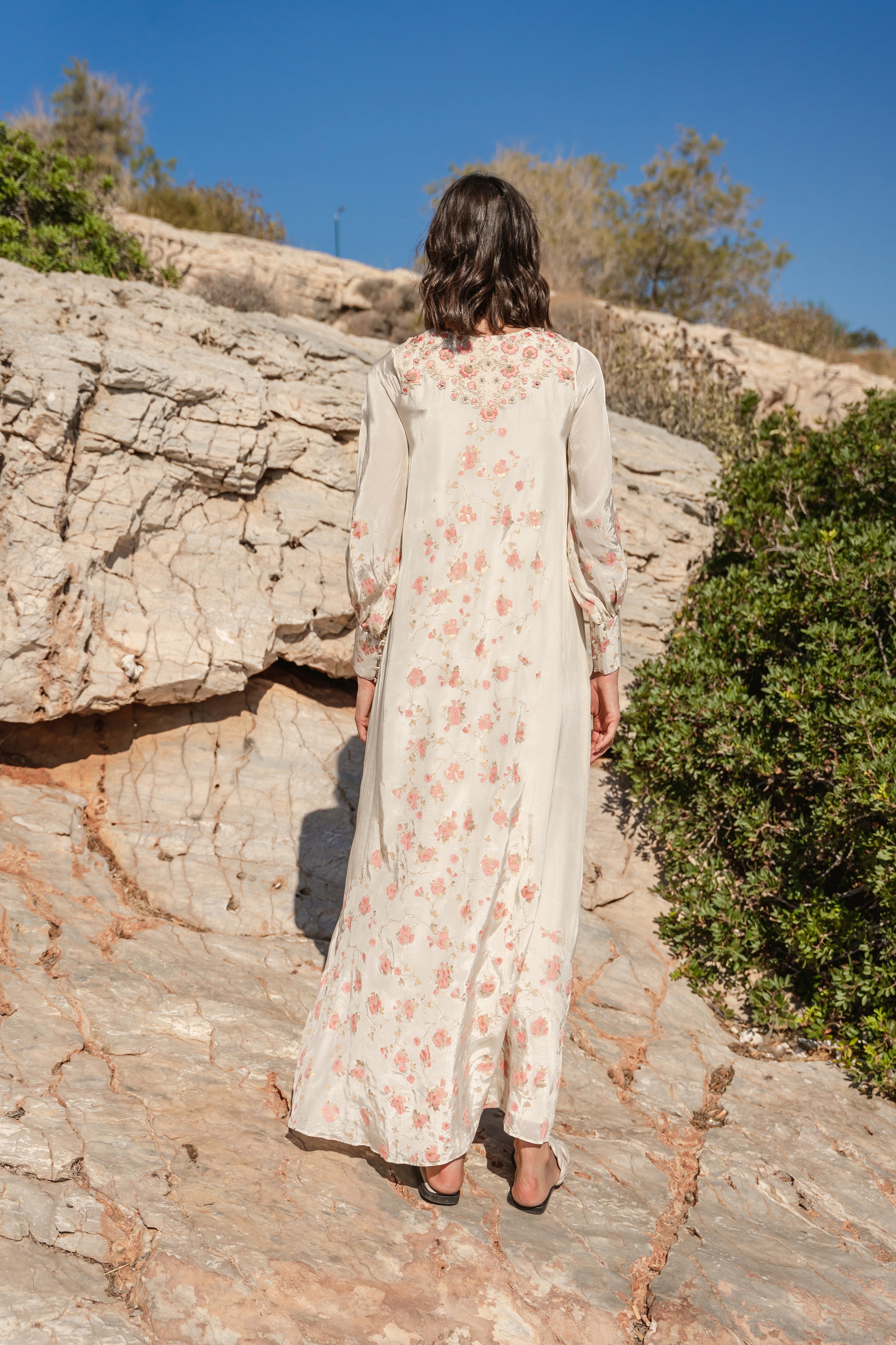 Beige crepe printed and cracker embroidered kaftan