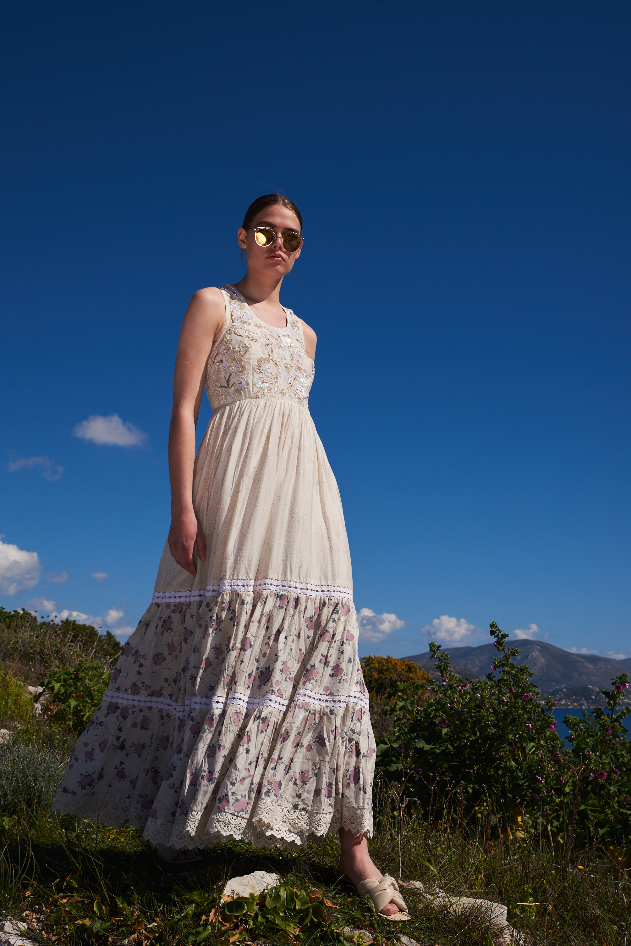 Bone crepe printed tiered maxi dress with embroidered bodice and lace racer back