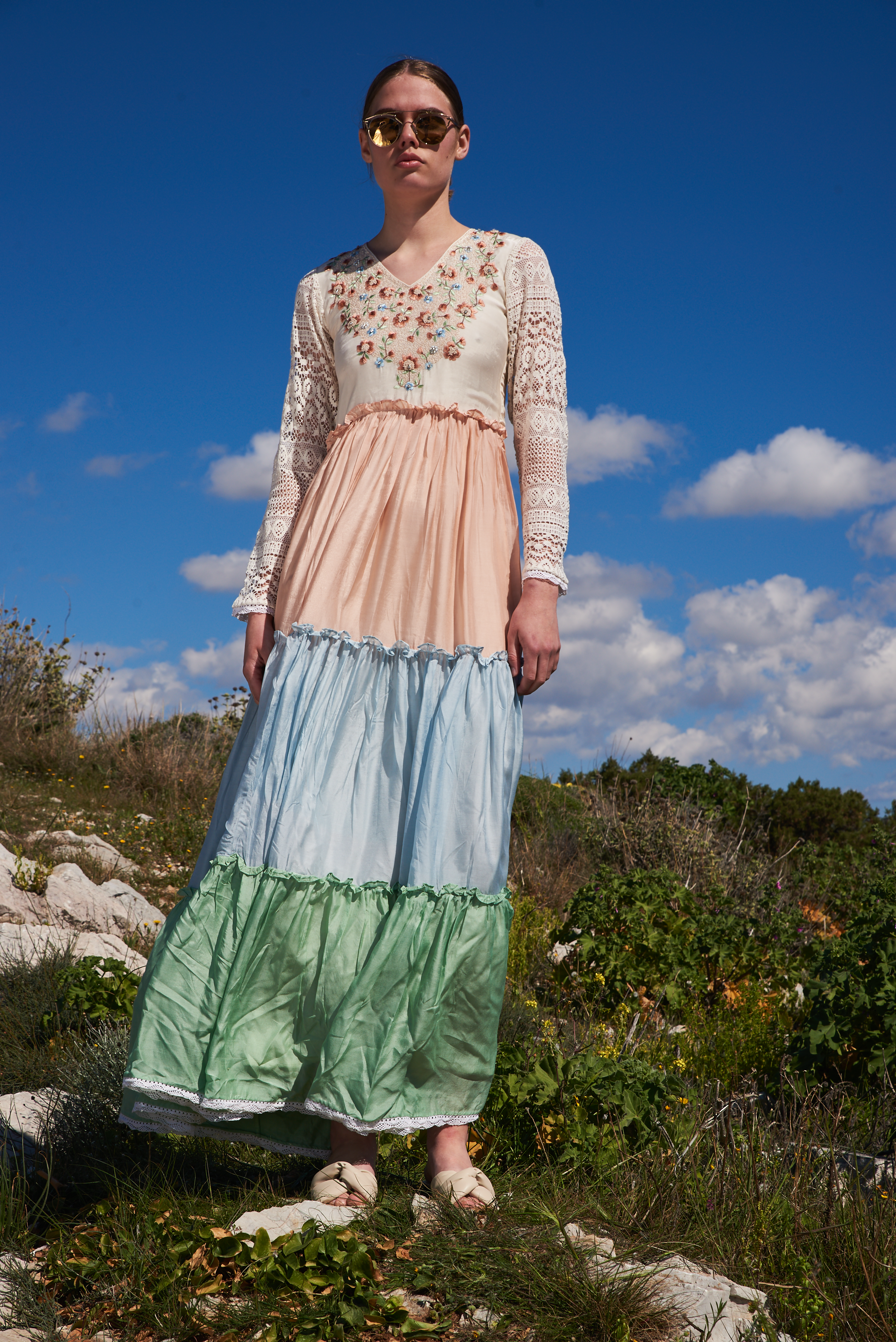 Bone, salmon, blue and green mul color blocked tiered maxi with embroidered bodice and lace sleeves