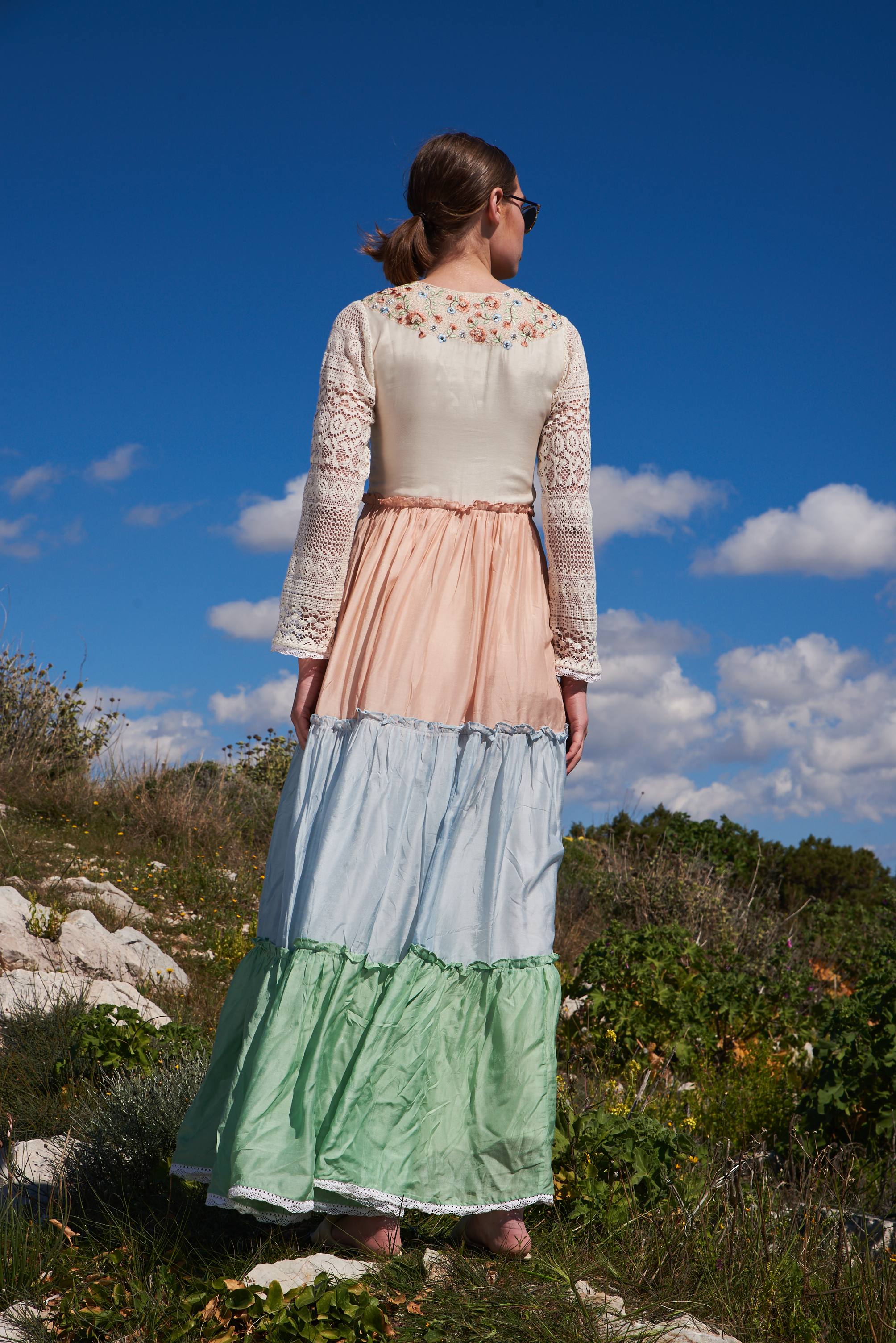Bone, salmon, blue and green mul color blocked tiered maxi with embroidered bodice and lace sleeves
