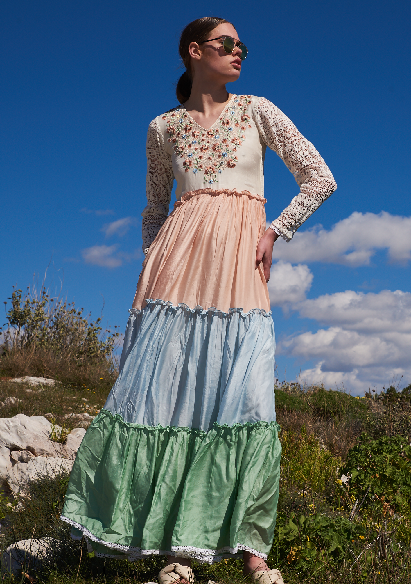 Bone, salmon, blue and green mul color blocked tiered maxi with embroidered bodice and lace sleeves