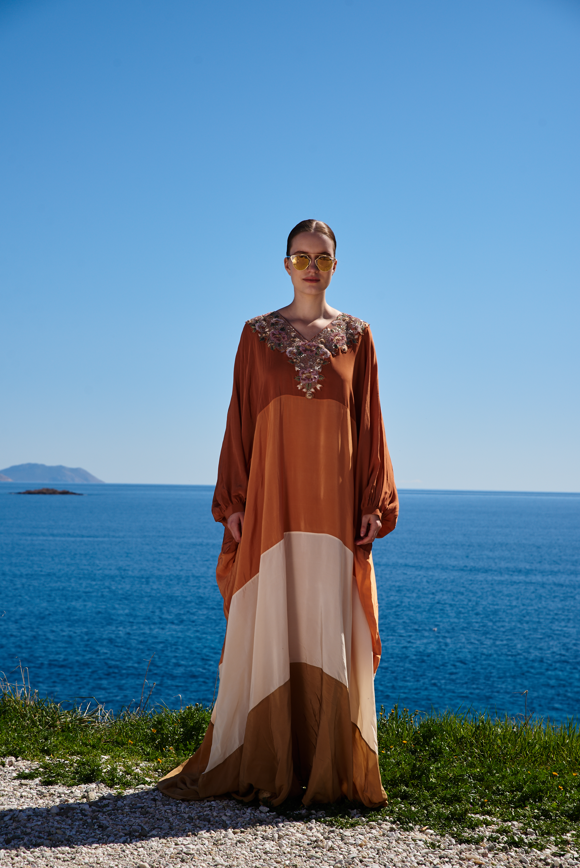 Rust brown bone beige crepe color blocked dress with embroidered neckline