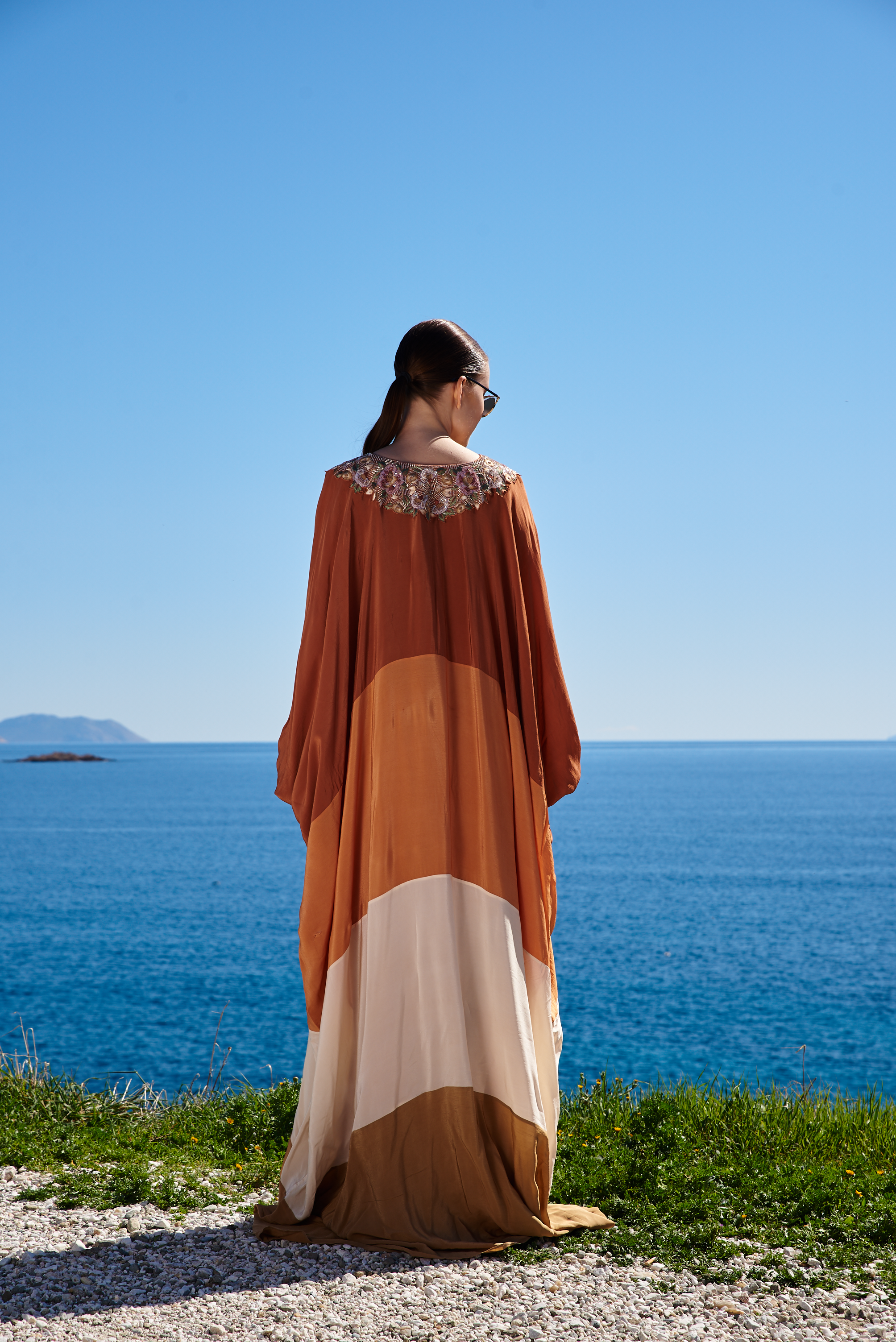 Rust brown bone beige crepe color blocked dress with embroidered neckline