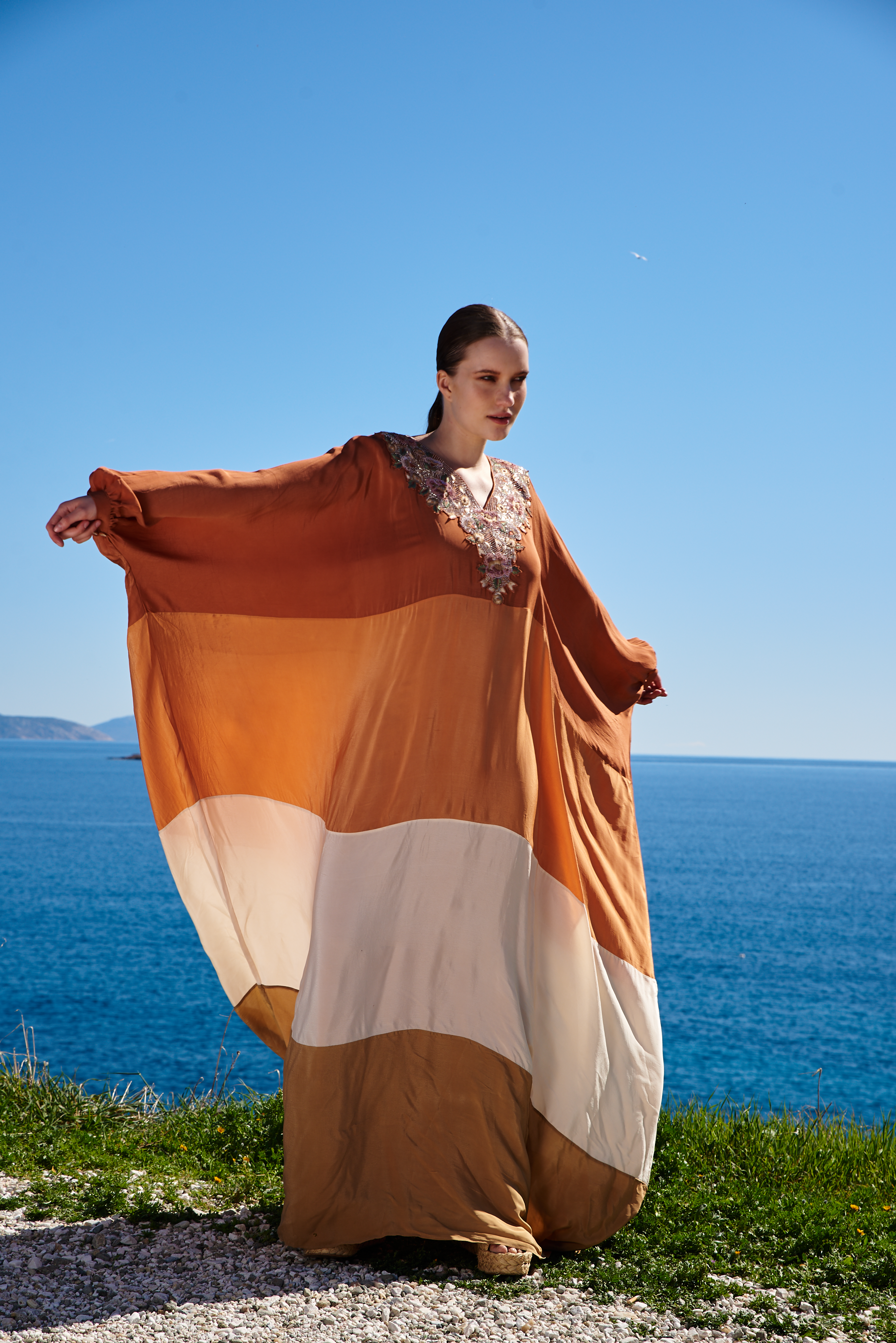 Rust brown bone beige crepe color blocked dress with embroidered neckline