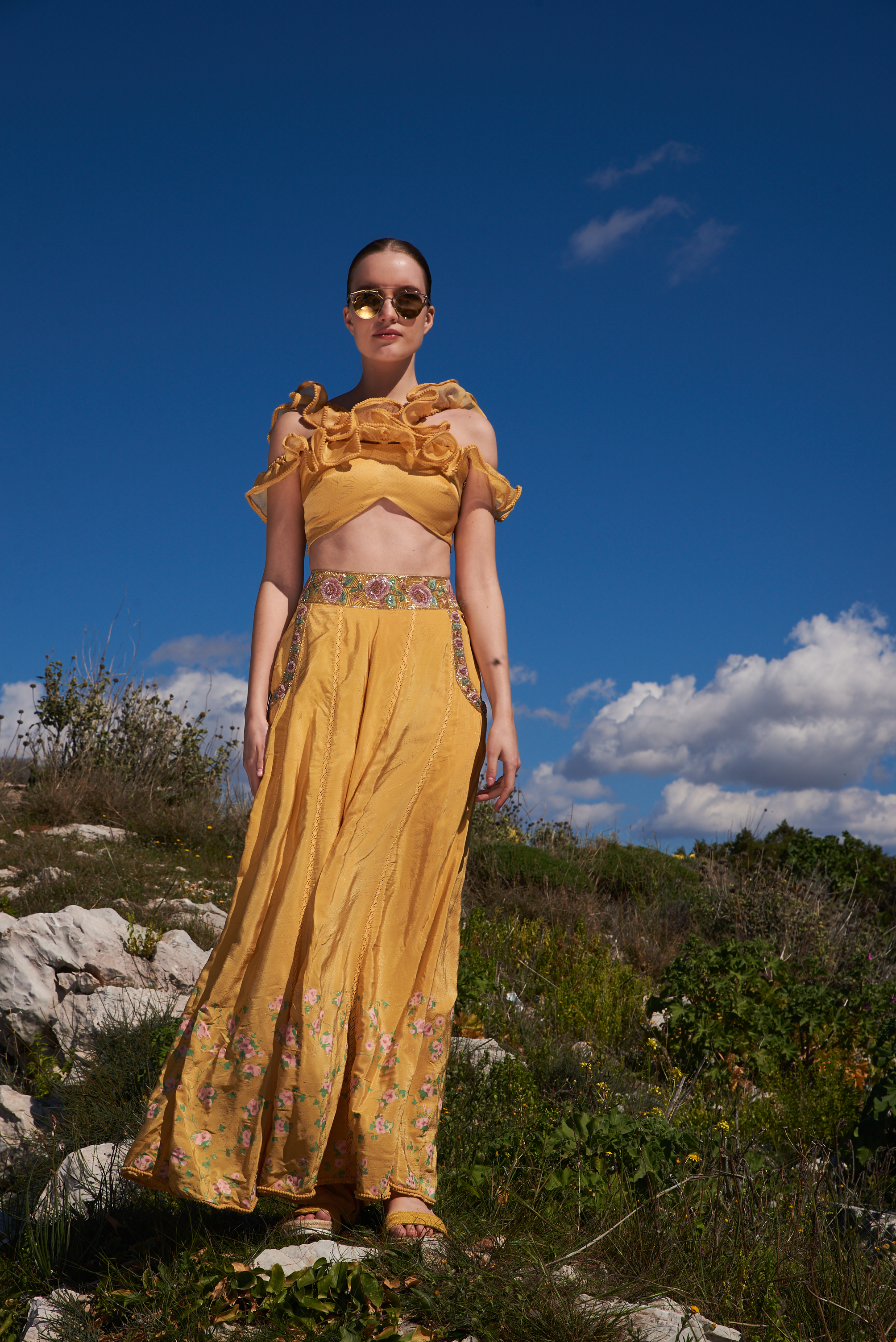 Yellow crepe printed and embroidered skirt with ruffle top
