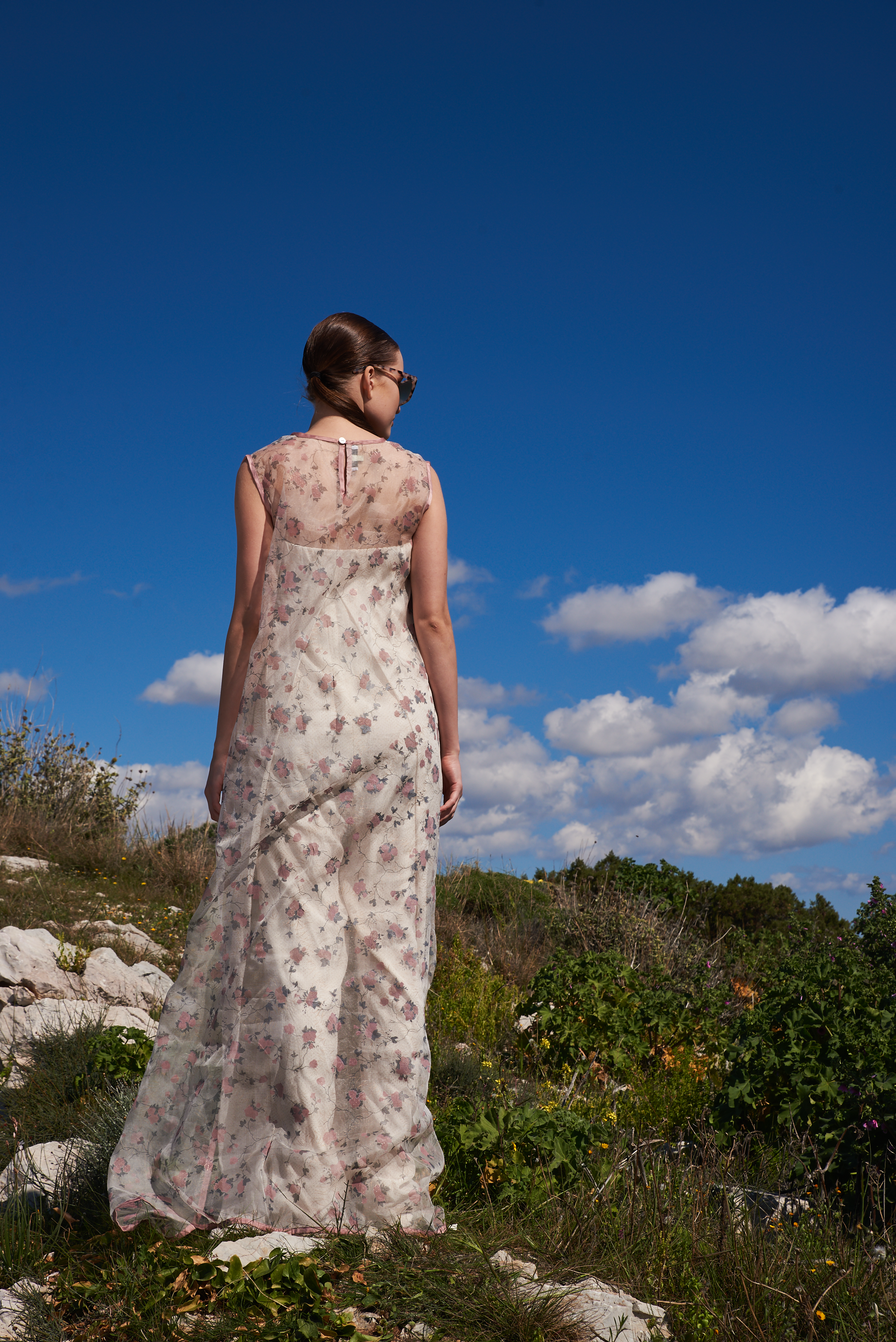 Off white printed crepe off shoulder jumpsuit with cracker printed organza sleeveless cape