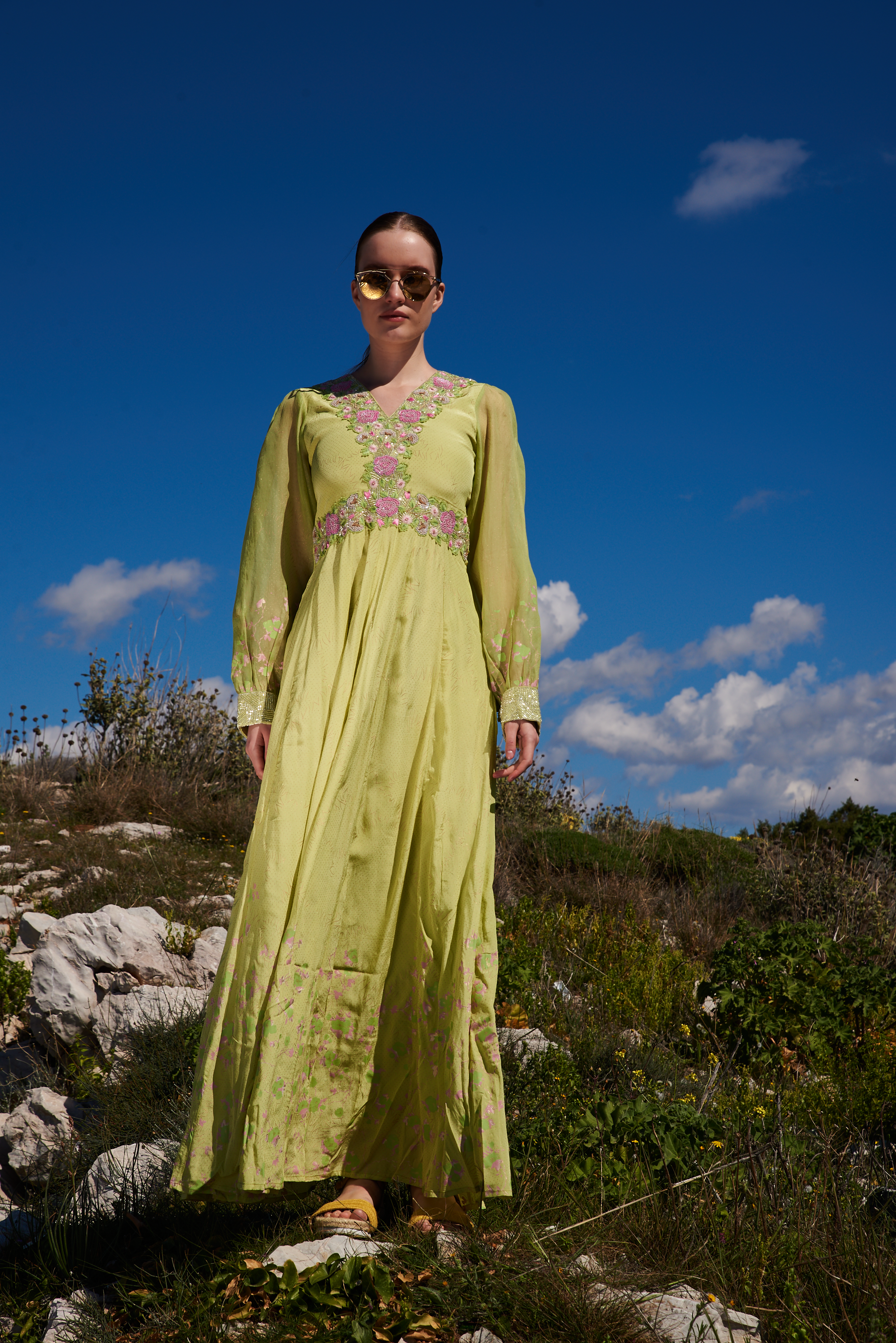 Green crepe printed maxi with embroidered bodice
