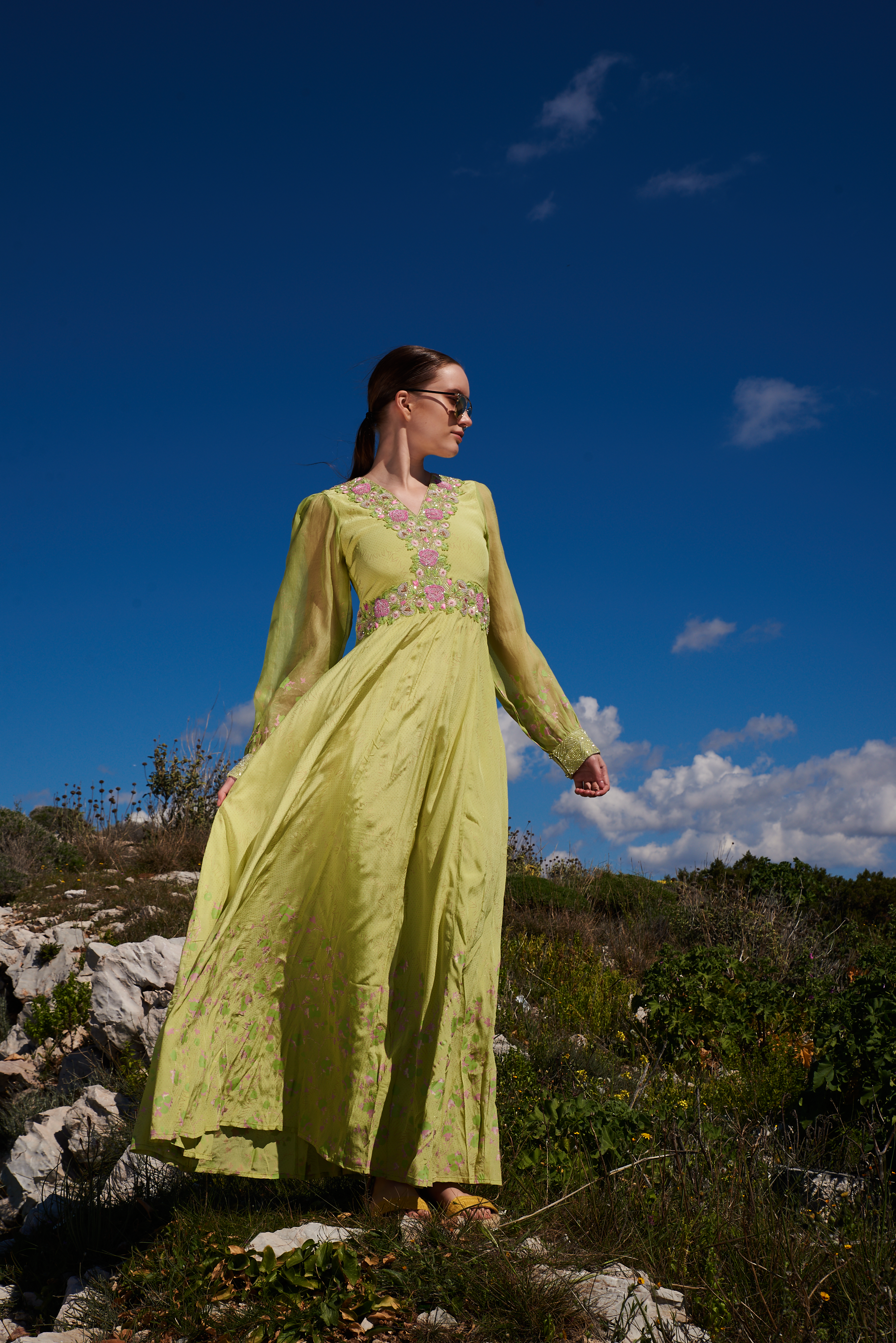 Green crepe printed maxi with embroidered bodice