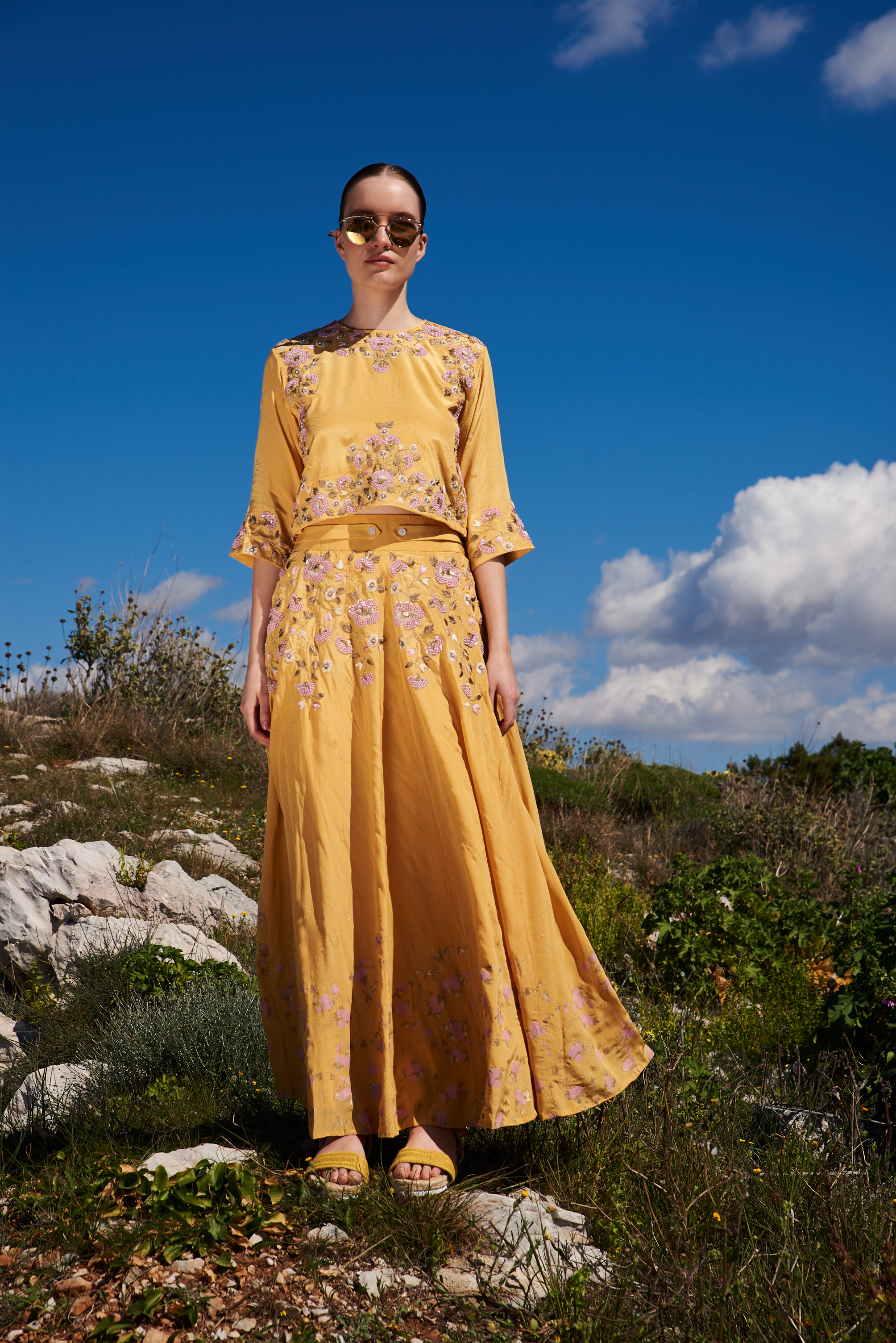 Yellow crepe printed and embroidered skirt with placement embroidered top