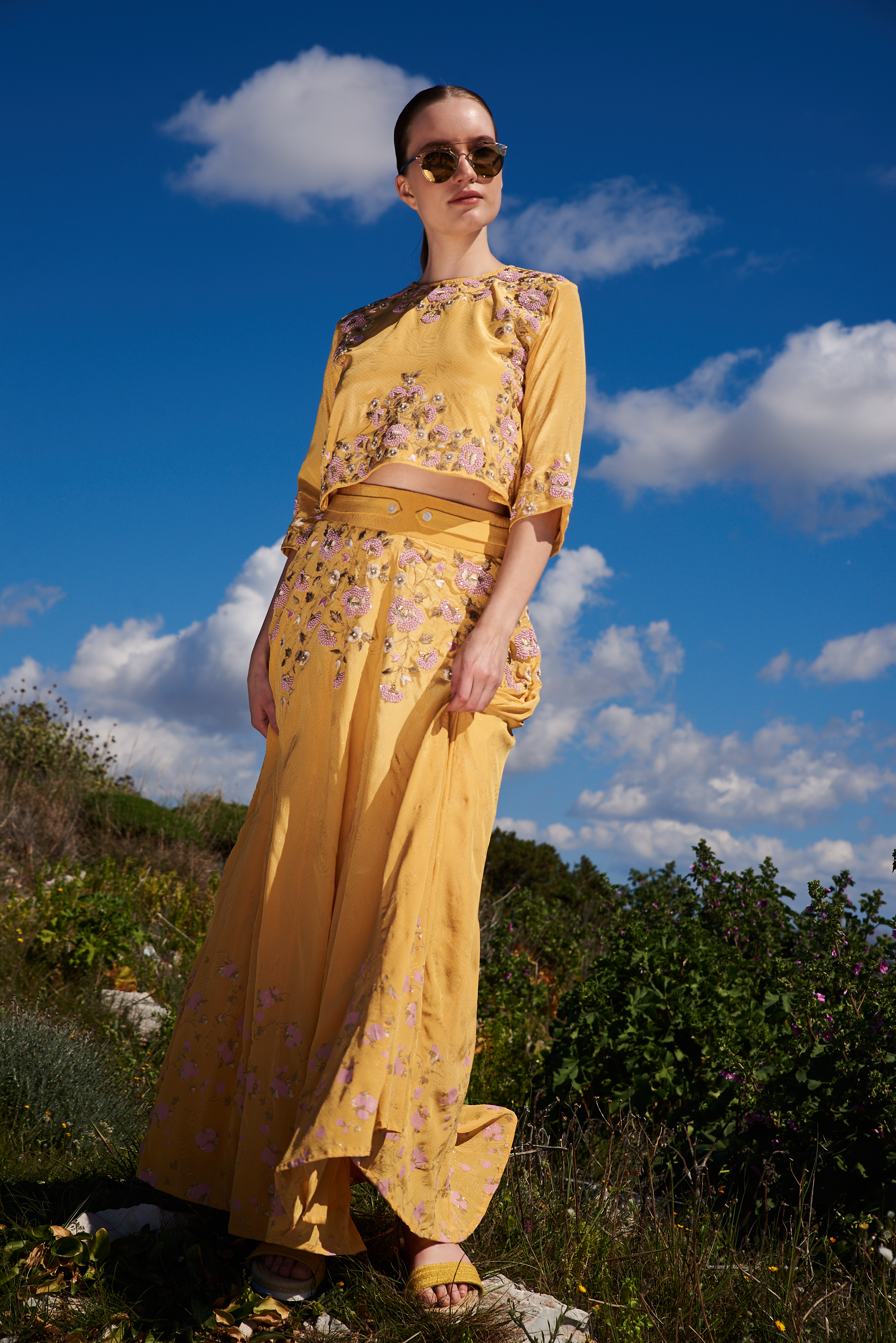 Yellow crepe printed and embroidered skirt with placement embroidered top