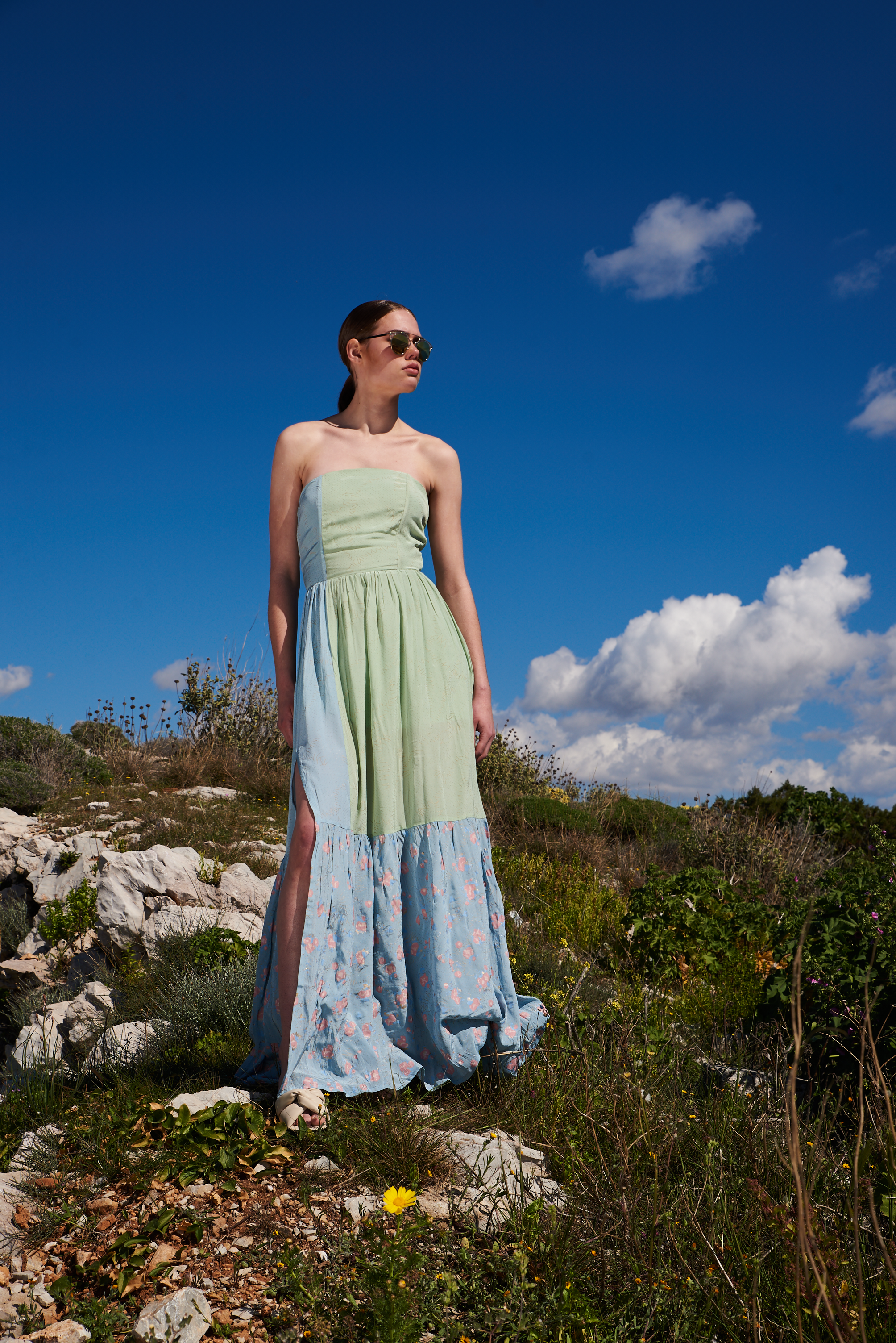 Mint green and blue crepe color blocked and printed off shoulder maxi