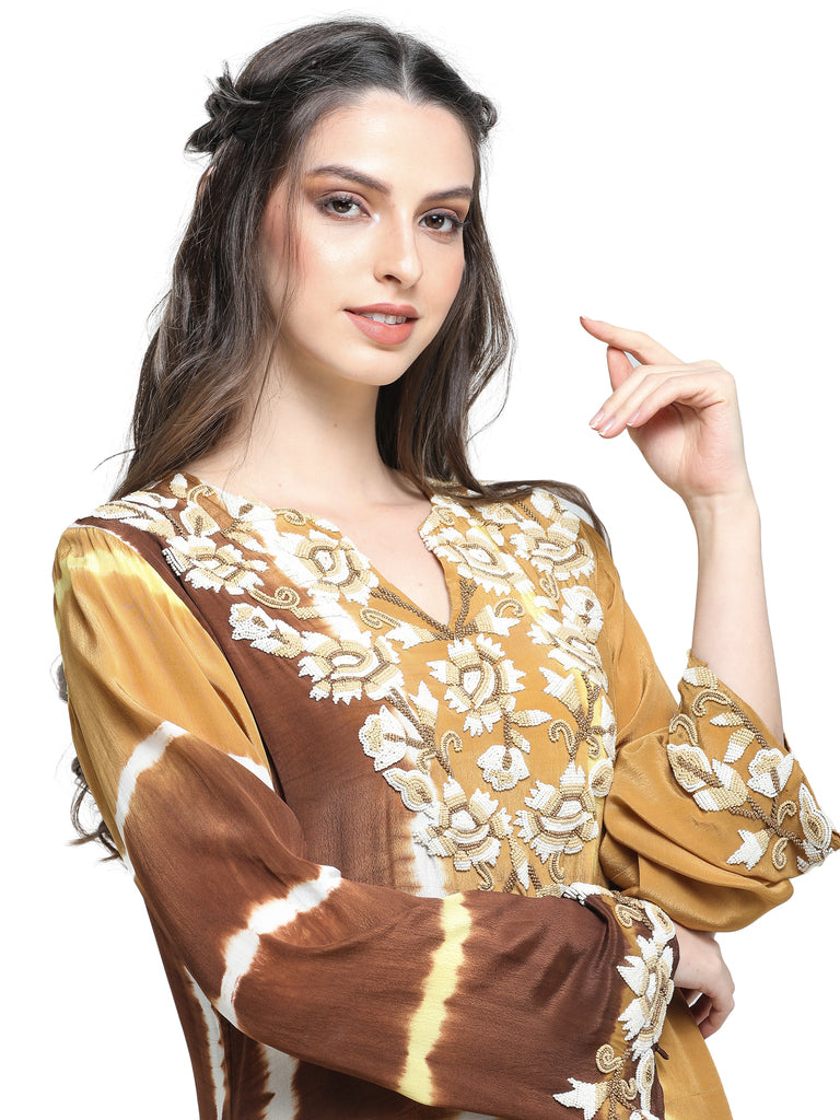 Mustard brown leheriya dyed  kurta with pearl embroiderd  neckline paired with dupatta  and pants