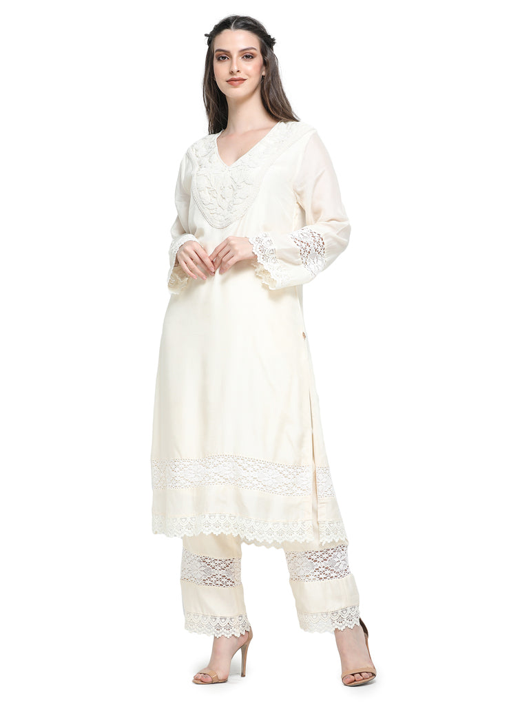 White mul pearl  embroidered kurta with  pants and dupatta