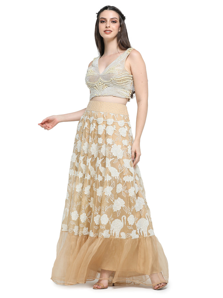 Beige organza skirt with blouse .