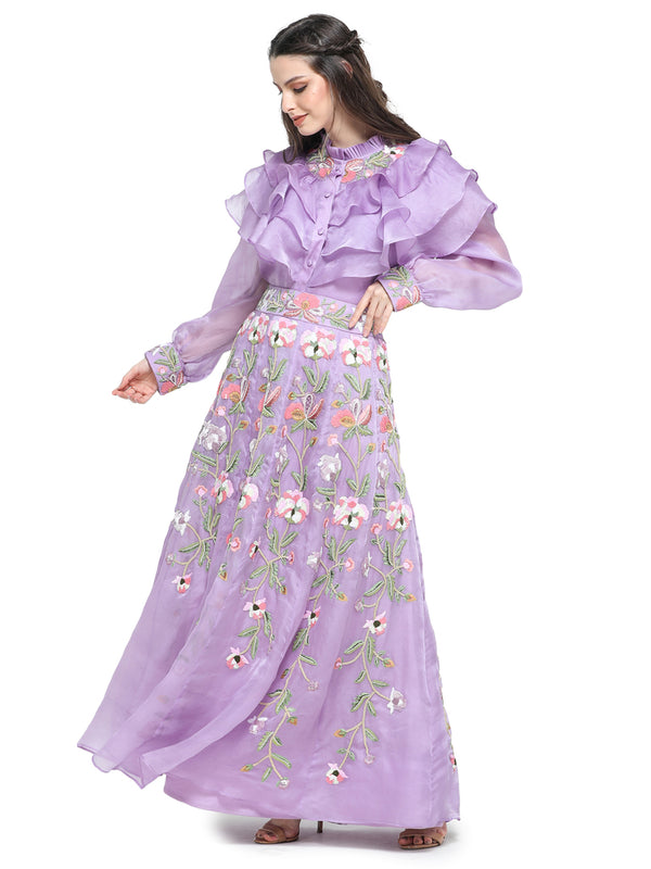 Lilac organza sequins emb shirt with skirt- P(10-23)99