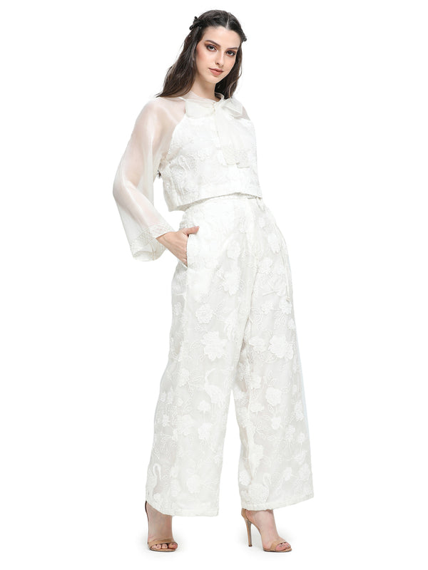 White organza appliqué emb  tie up top with pants