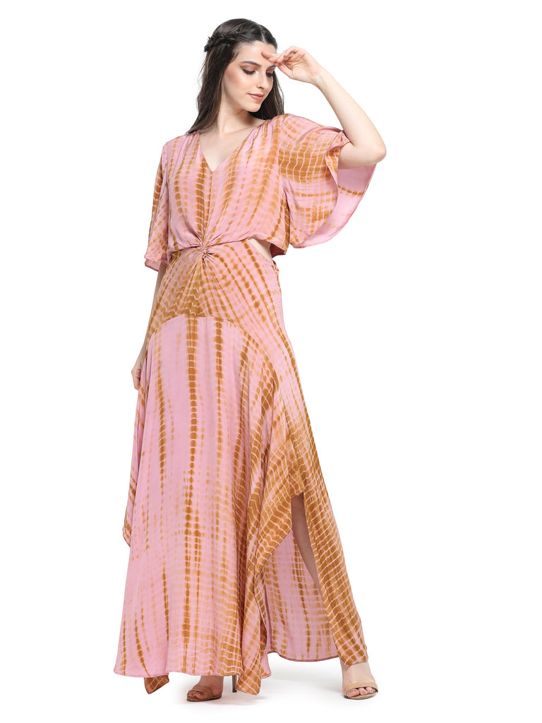 Onion Pink tie n dye  asymmetrical dress with  cutout at back