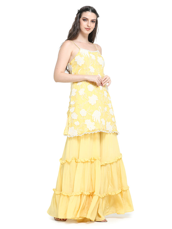 Yellow organza appliqued  short kurta with crepe  sharara