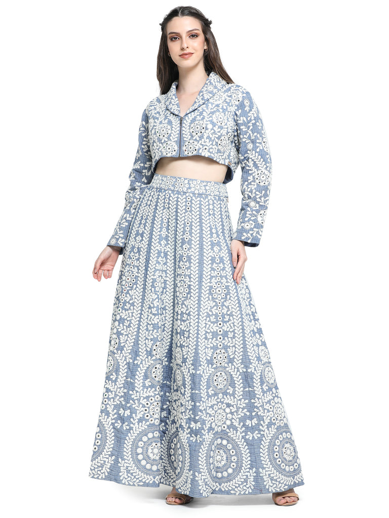 Blue khaadi mirror  embroidered kalidar skirt  with embroidered top