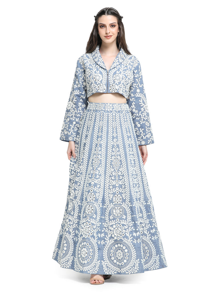 Tara Sharma in our Blue khaadi mirror  embroidered kalidar skirt  with embroidered top