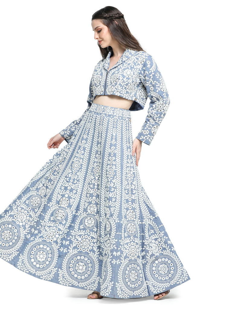 Blue khaadi mirror  embroidered kalidar skirt  with embroidered top