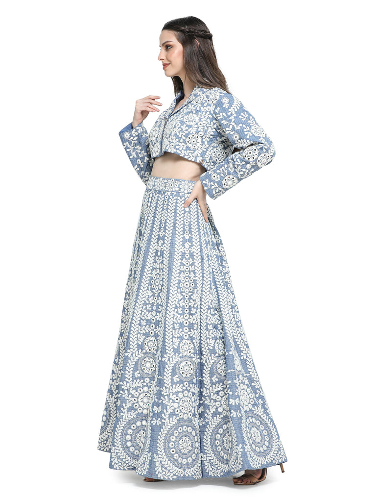 Blue khaadi mirror  embroidered kalidar skirt  with embroidered top