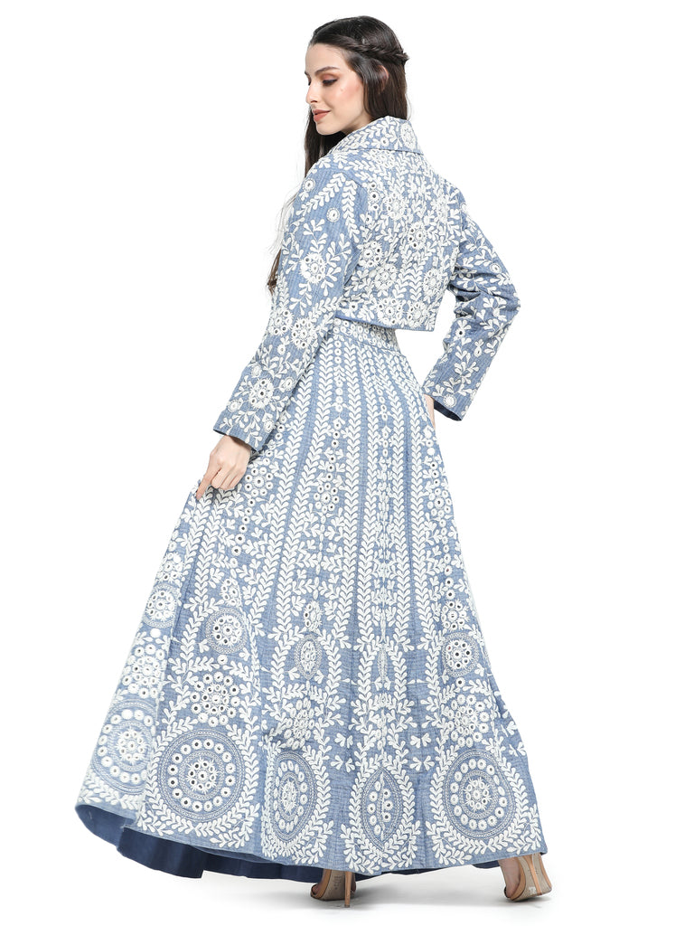 Blue khaadi mirror  embroidered kalidar skirt  with embroidered top