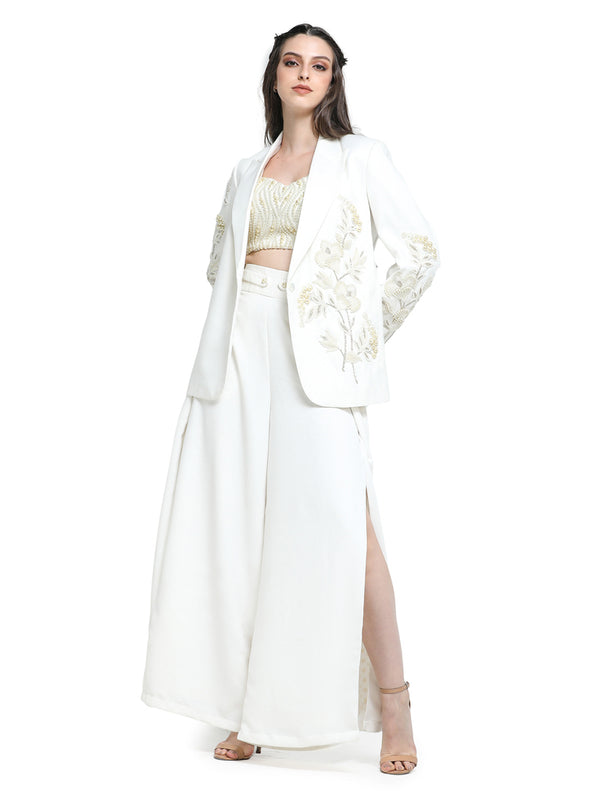Off white pearl embroidered  pant suit with pearl  embroidered bustier