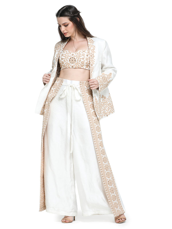 White mirror work pant suit with embroidered bustier