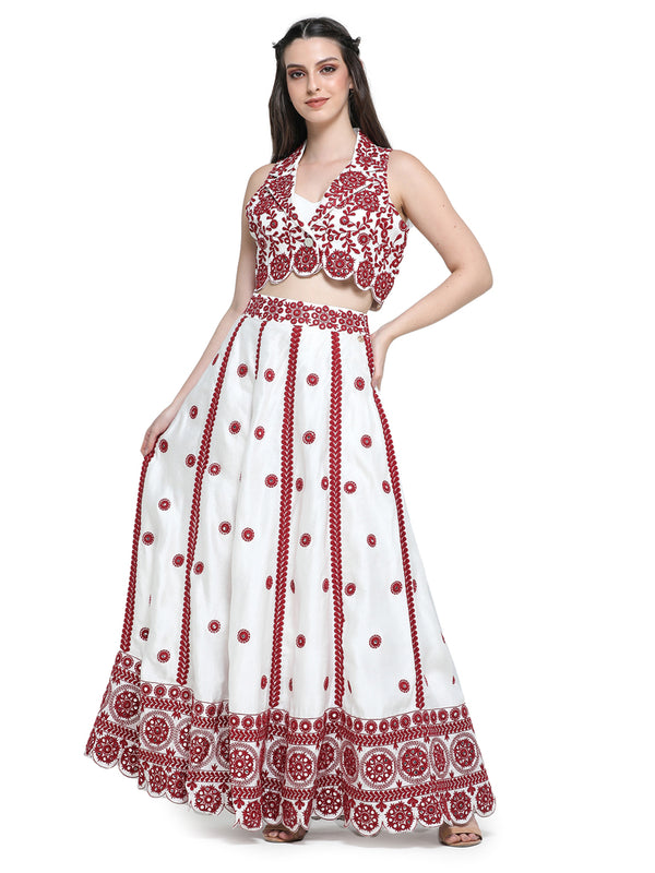 White with red mirror  embroidered skirt with  embroidered crop jacket and  white bustier