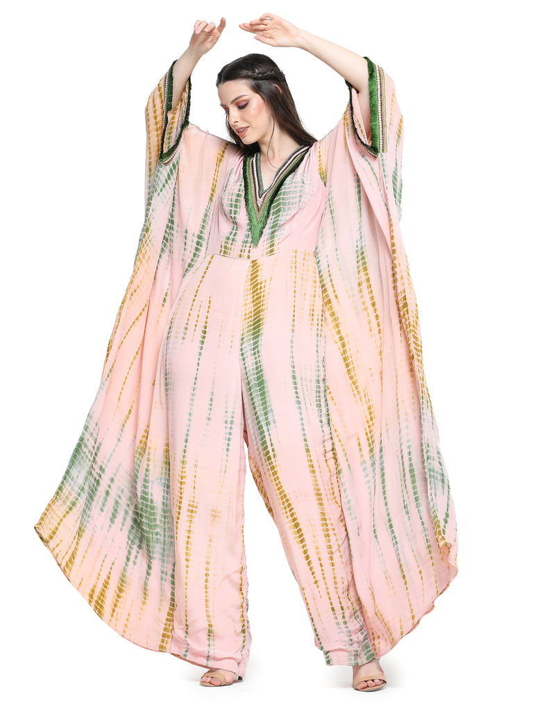 Pink and green shibori crepe  kaftan style jumpsuit with  embroidered V-neckline