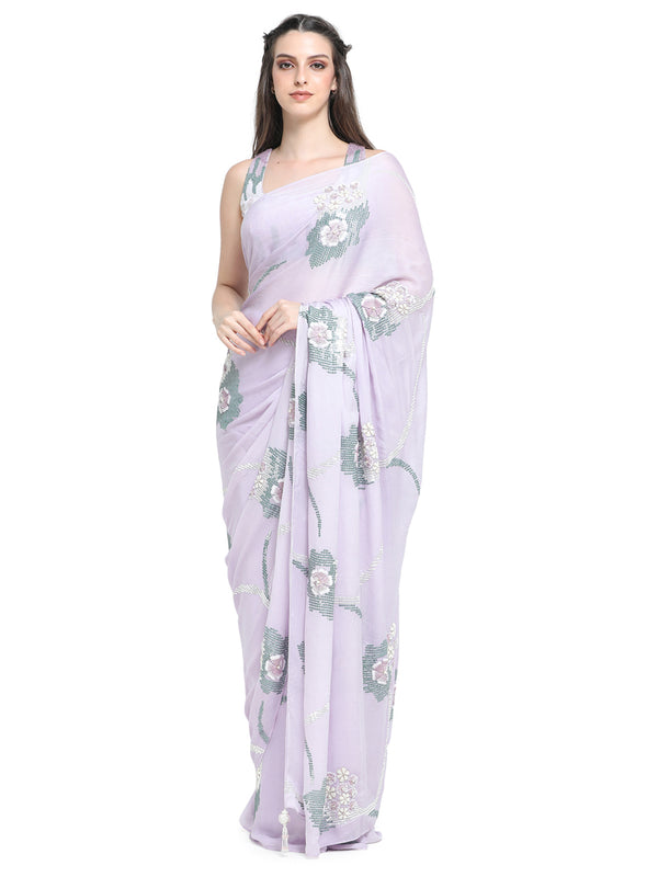 Lilac sequins emb satin chiffon saree with emb blouse