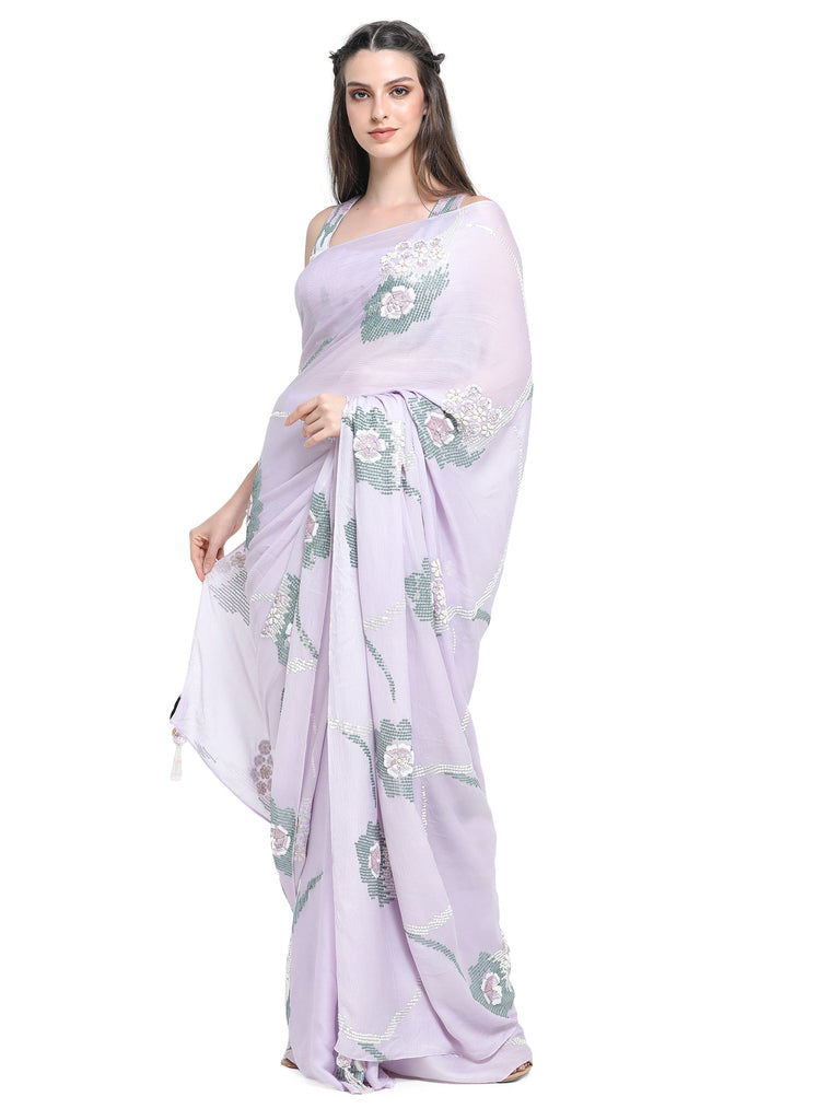 Lilac sequins emb satin chiffon saree with emb blouse