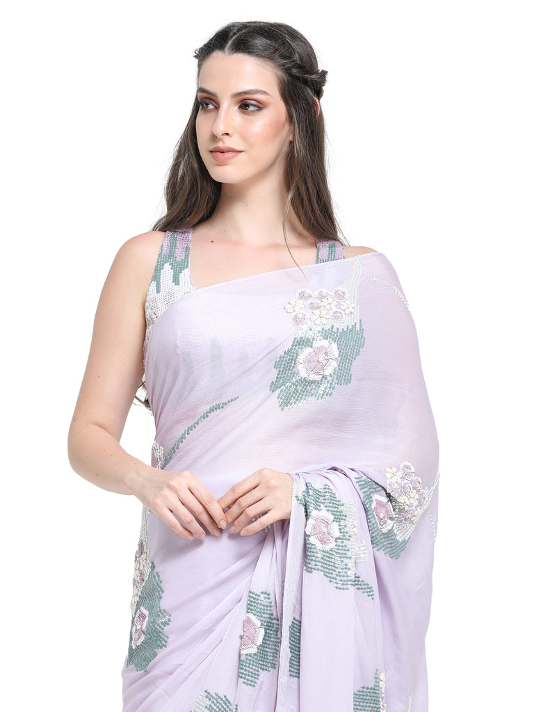 Lilac sequins emb satin chiffon saree with emb blouse