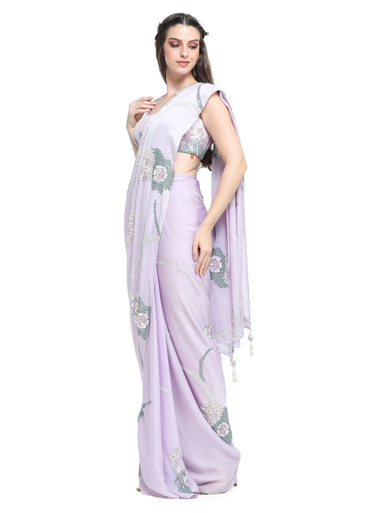 Lilac sequins emb satin chiffon saree with emb blouse