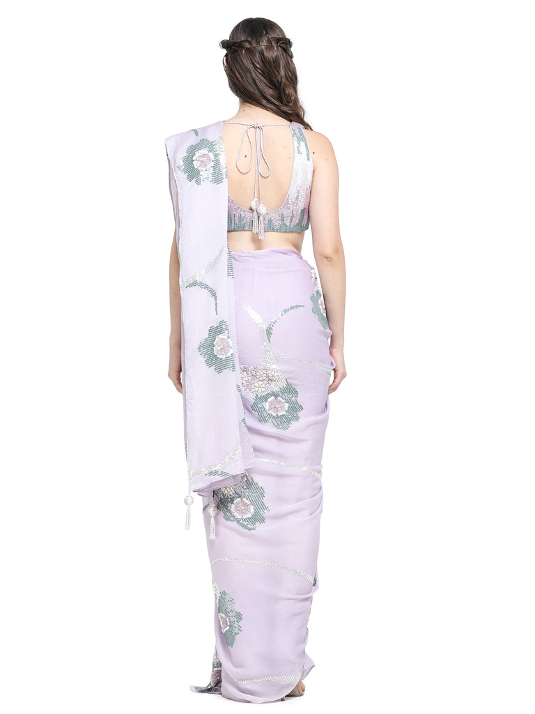 Lilac sequins emb satin chiffon saree with emb blouse