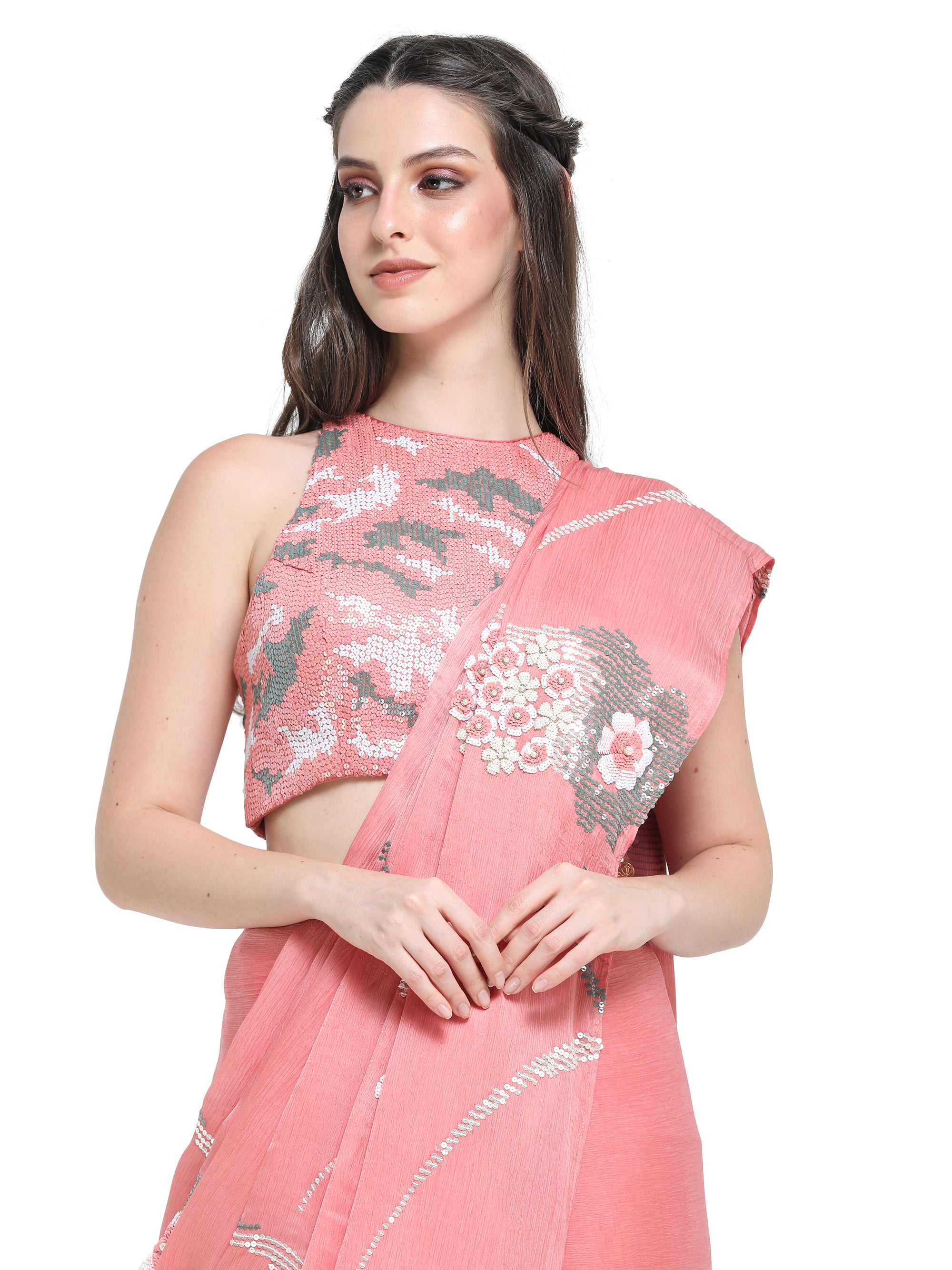 Peach sequins emb satin chiffon saree with emb blouse