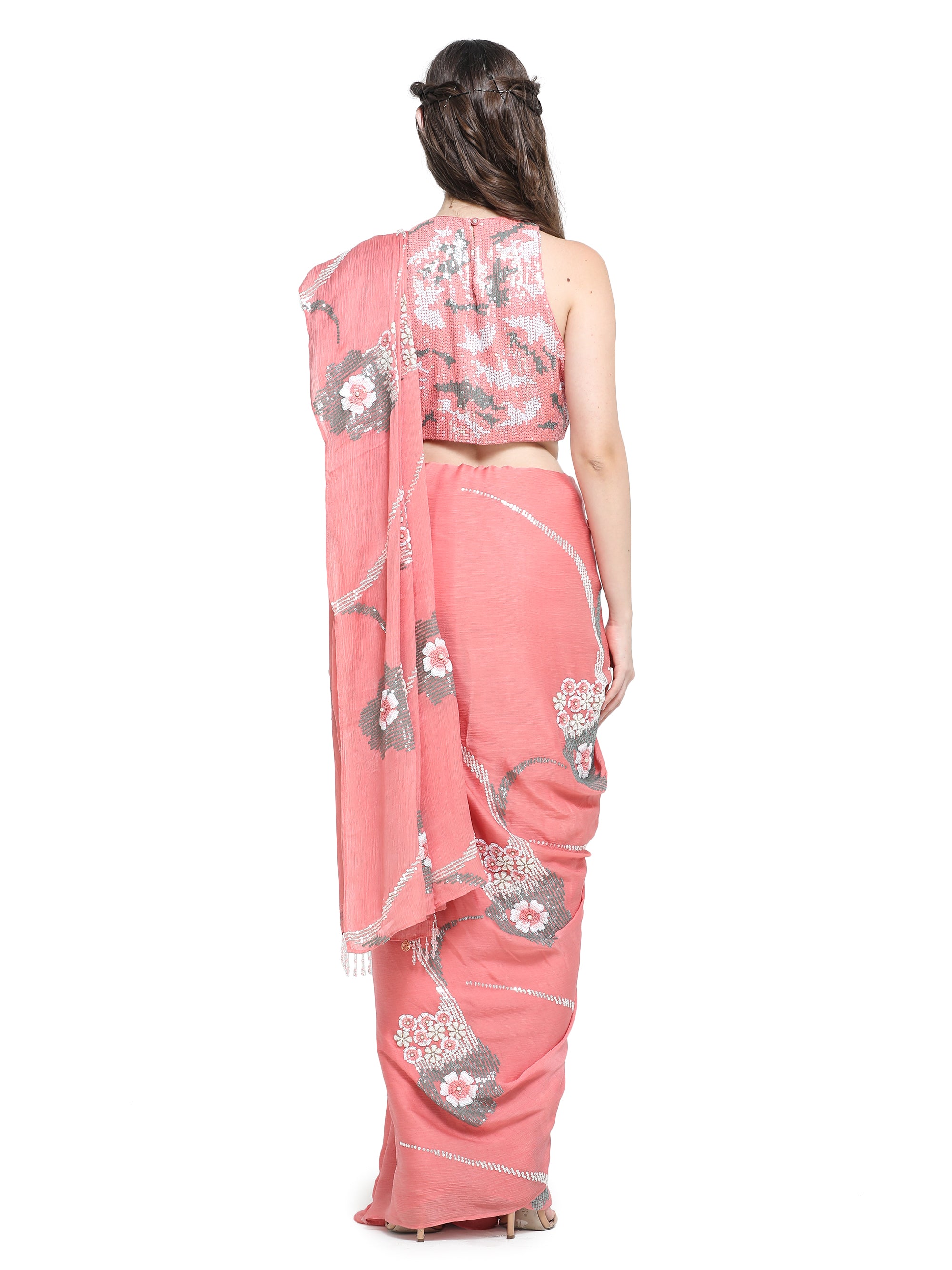 Peach sequins emb satin chiffon saree with emb blouse