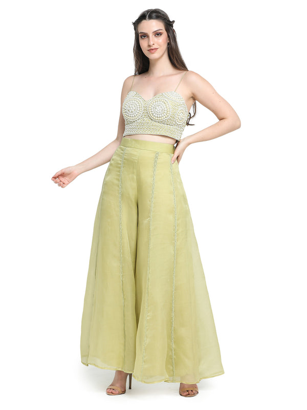 Green pearl emb organza bustier, bolero and kali pants