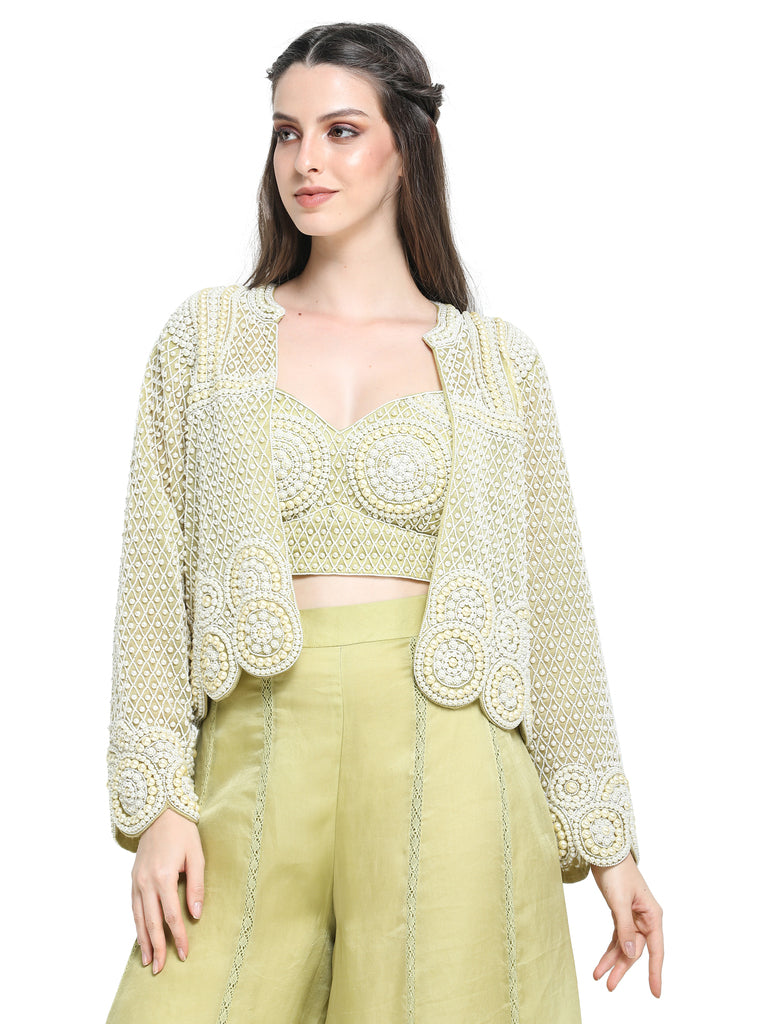 Green pearl embroidered bustier, jacket and palazzo
