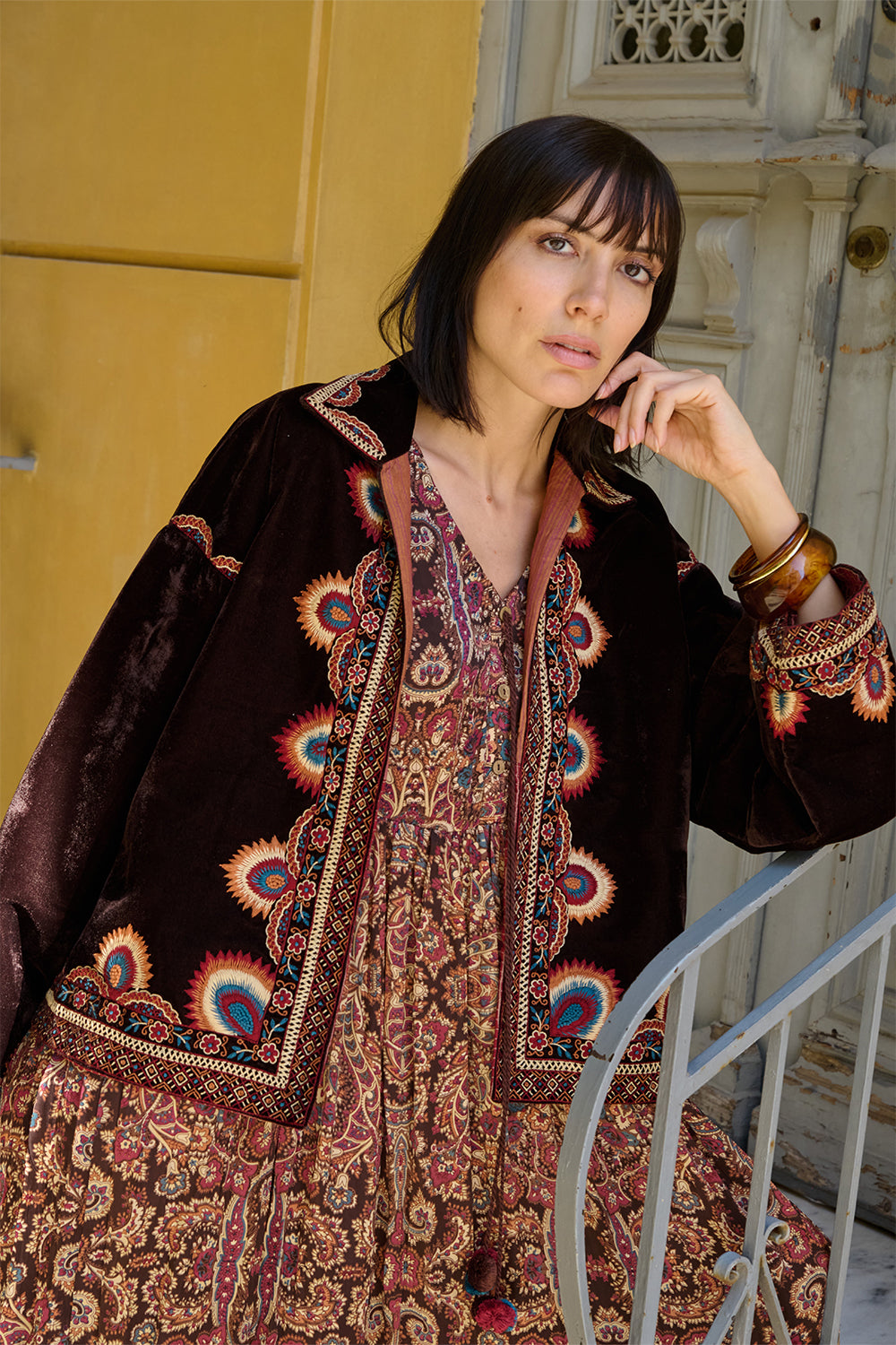 Brown Velvet Embroidered Jacket.