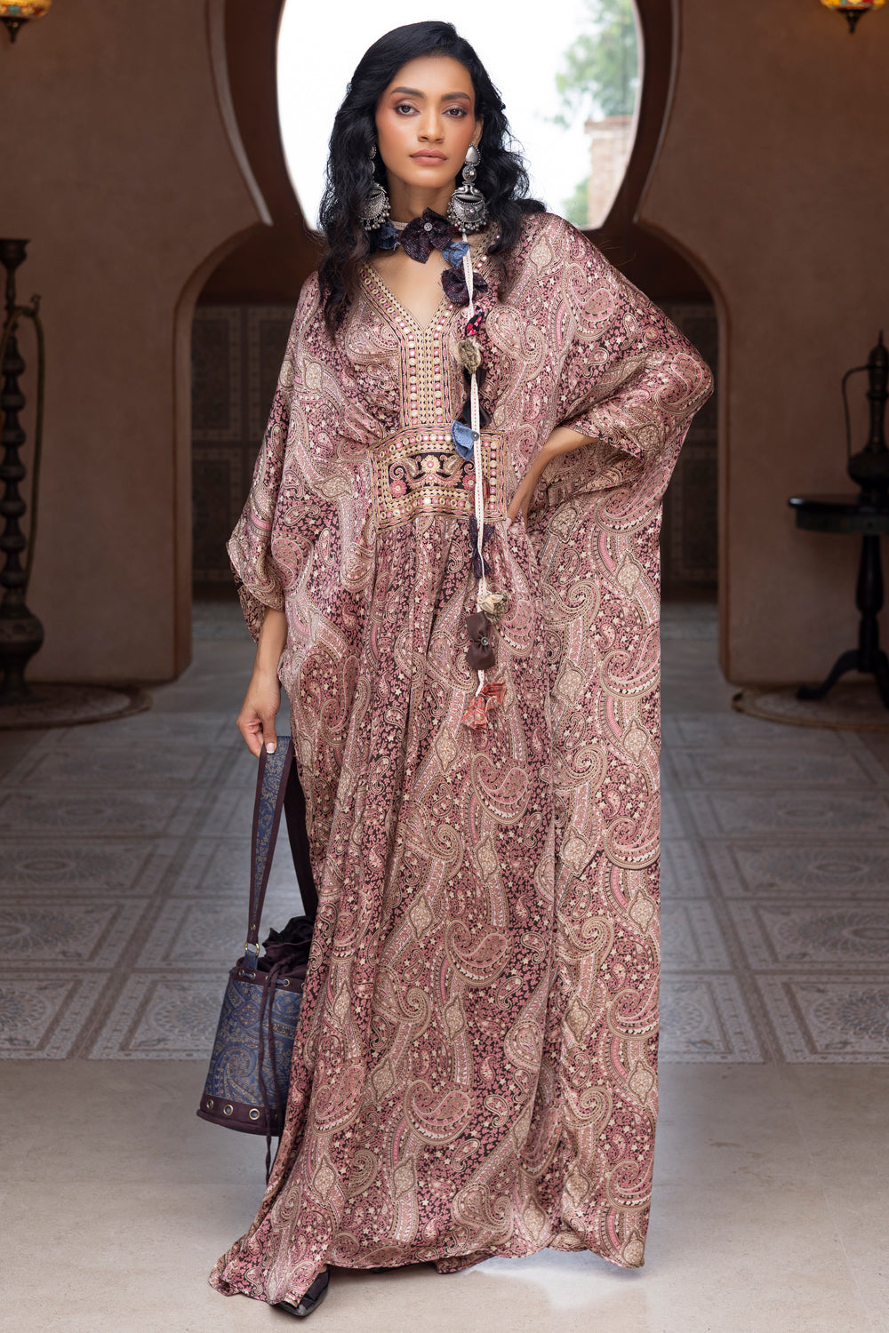 Brown Satin Paisley Printed Kaftan with Embroidery