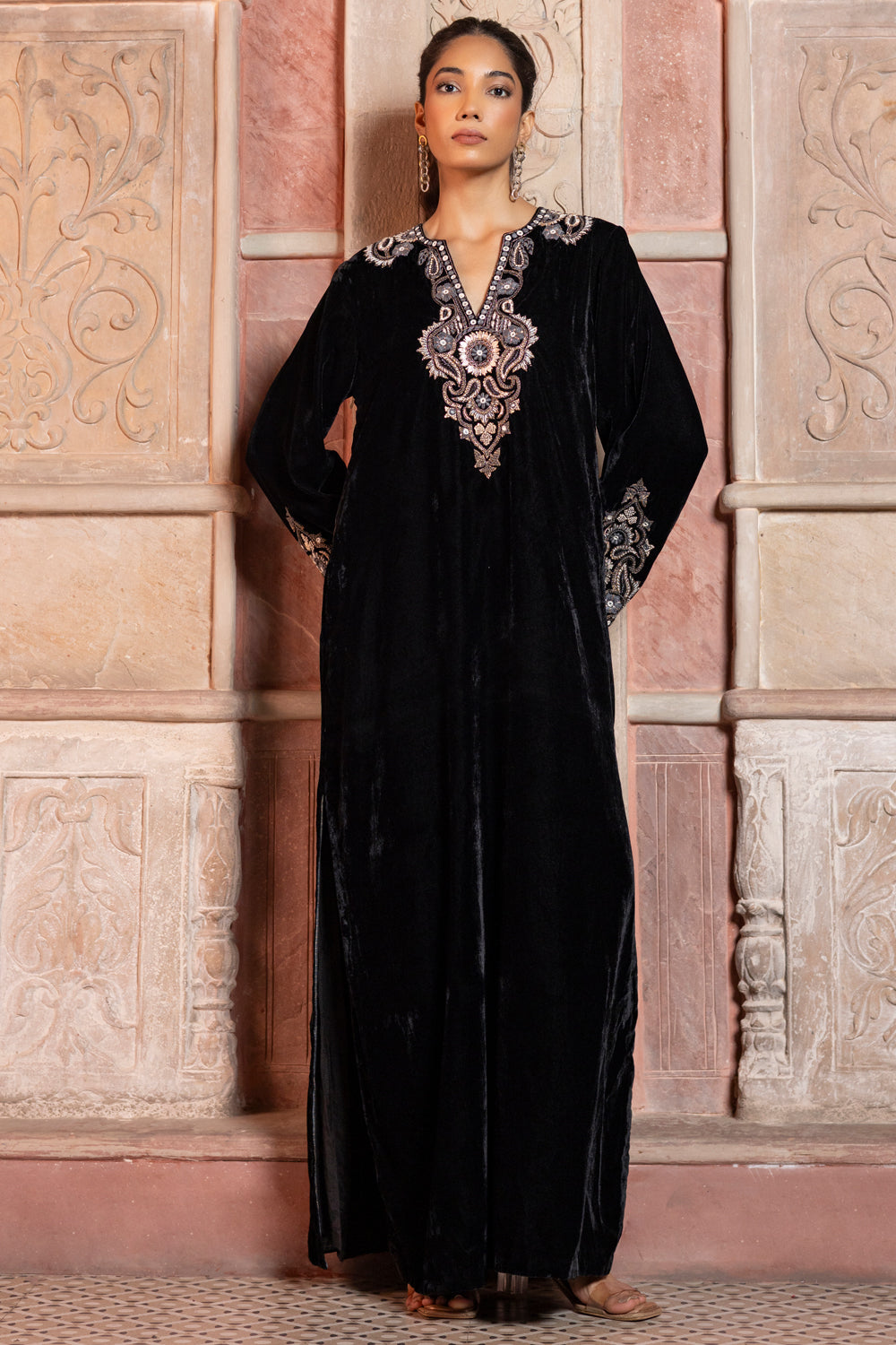 Black Velvet Paisley Embroidered Kaftan