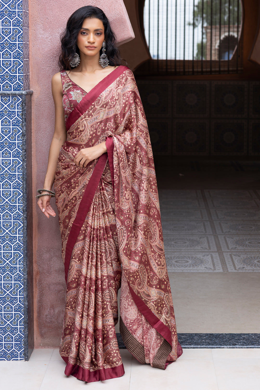 Maroon Satin Paisley Printed Saree with Maroon Chintz Satin Tie-Back Blouse